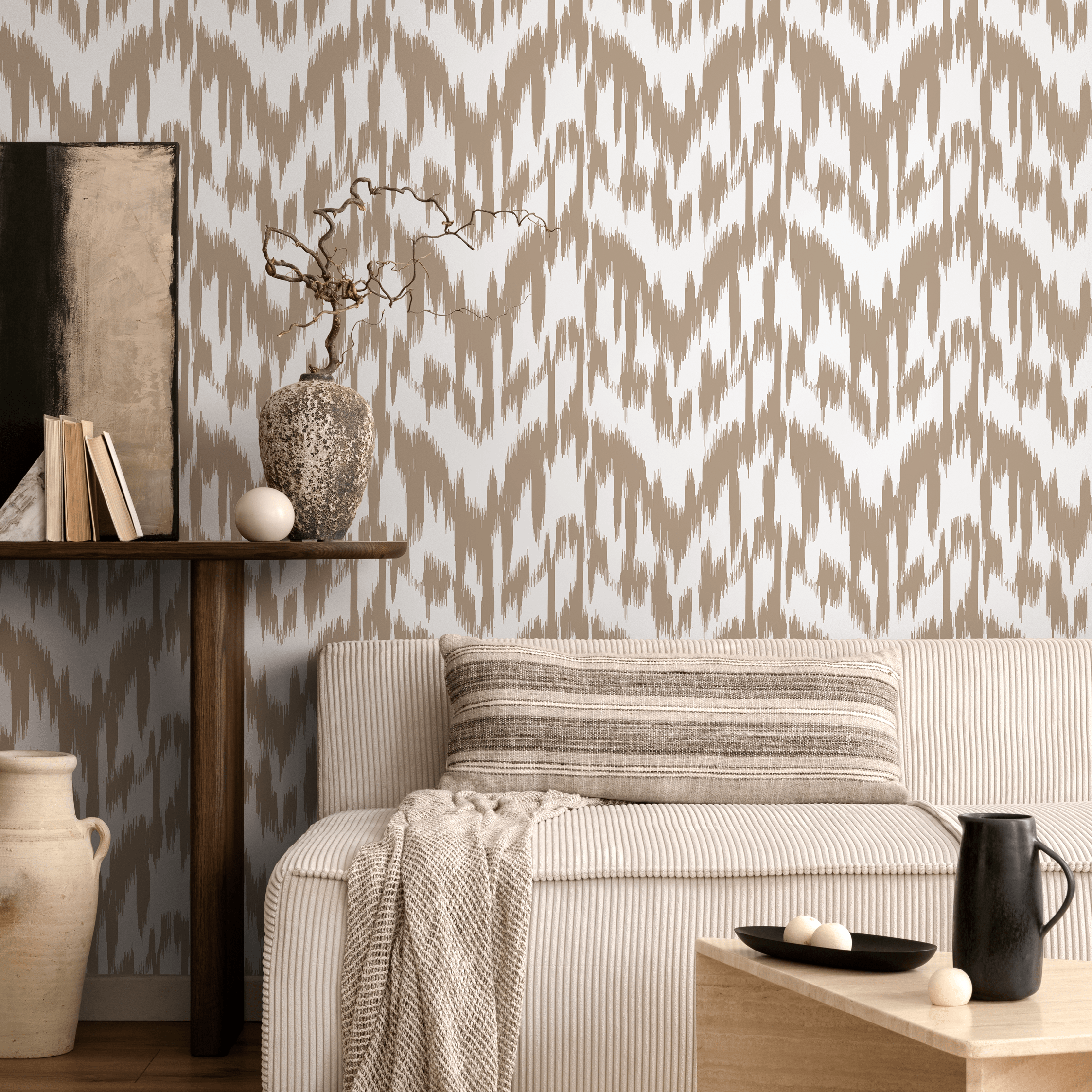 Ikat Wallpaper With A Hand-painted Abstract Motif In Beige And Off-white - C743