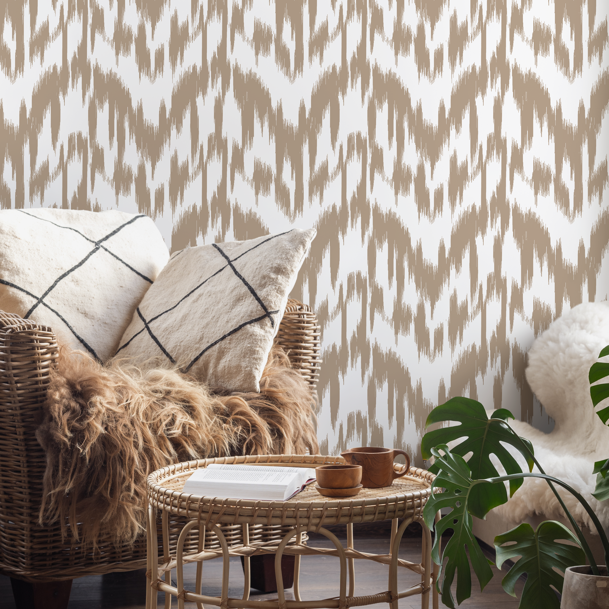 Ikat Wallpaper With A Hand-painted Abstract Motif In Beige And Off-white - C743