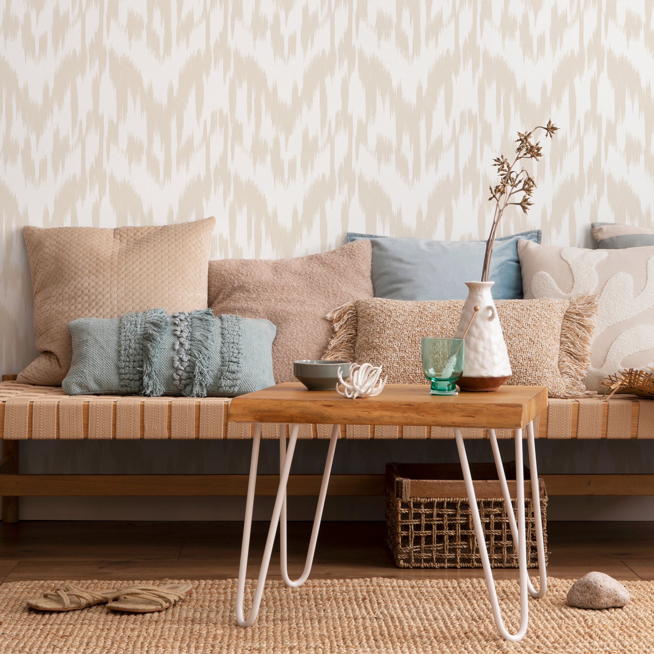 Boho Wallpaper With An Abstract Ikat Motif In Beige - C744