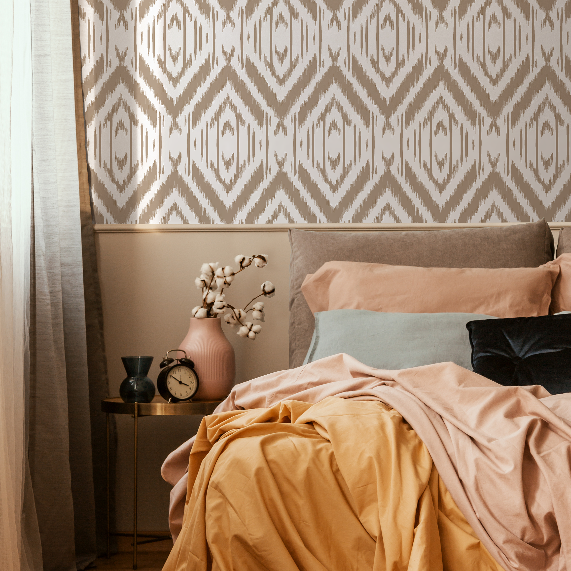 Tribal Wallpaper With An Ikat Diamond Pattern In Beige - C745