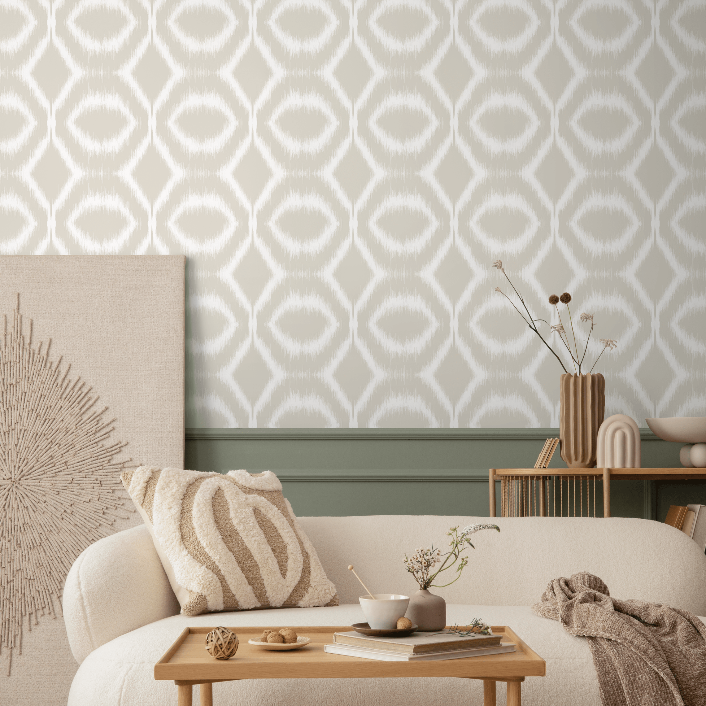 Geometric Wallpaper With An Ikat Diamond Motif In Beige And White - C747