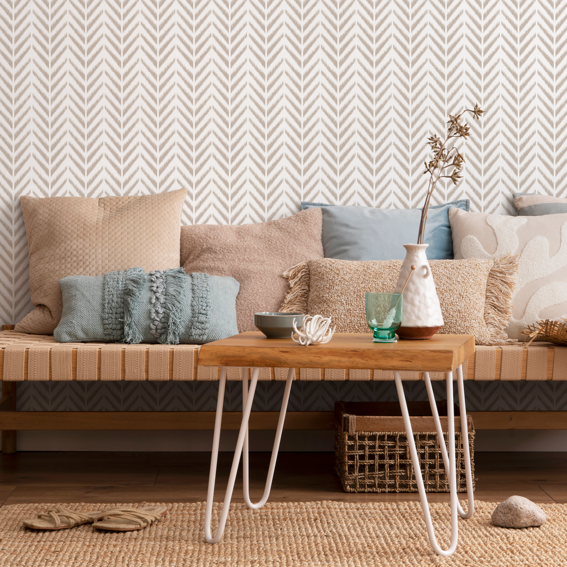 Herringbone Wallpaper With An Ikat Style Motif In Beige - C749