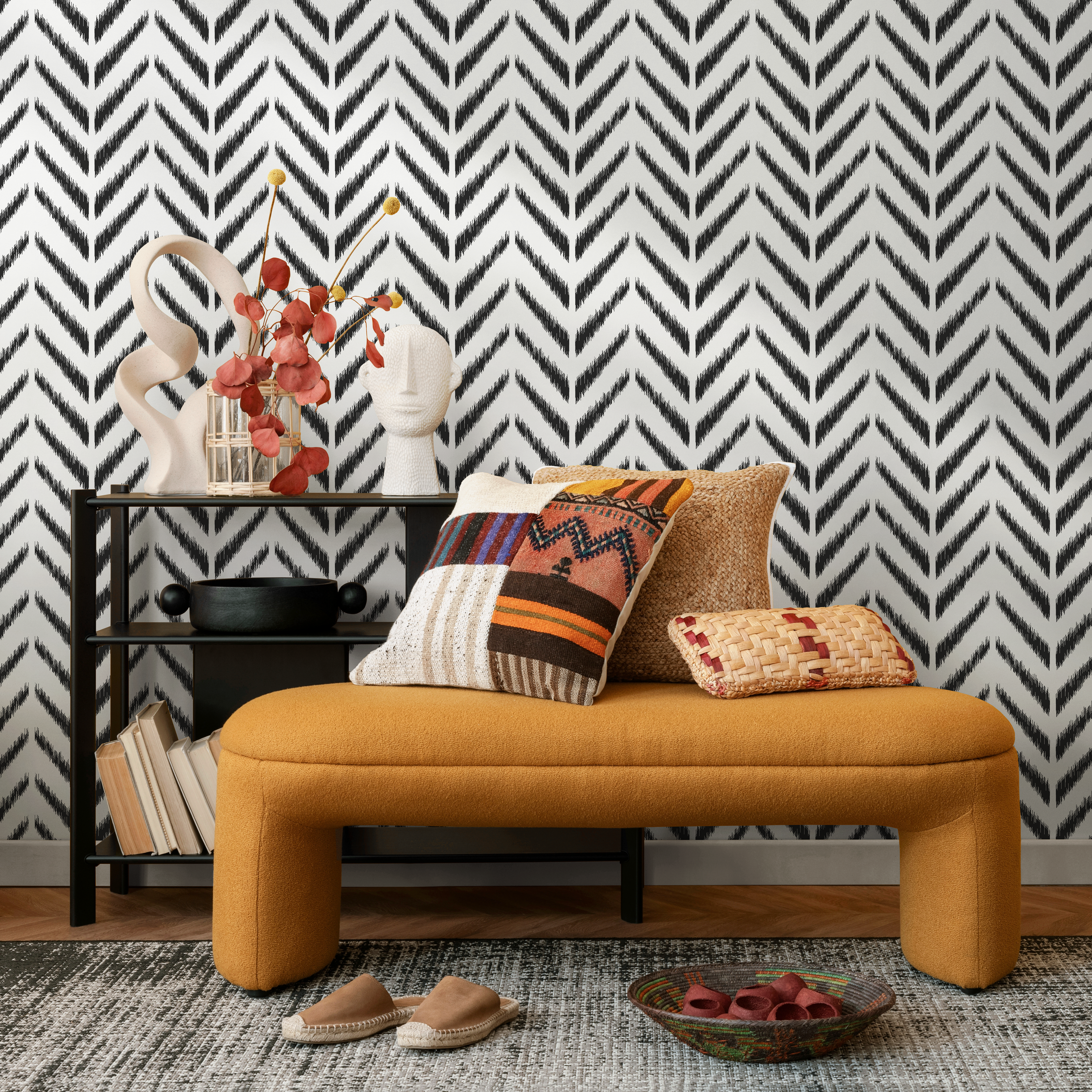 Boho Wallpaper With A Hand-drawn Herringbone Motif In Black And White - C750