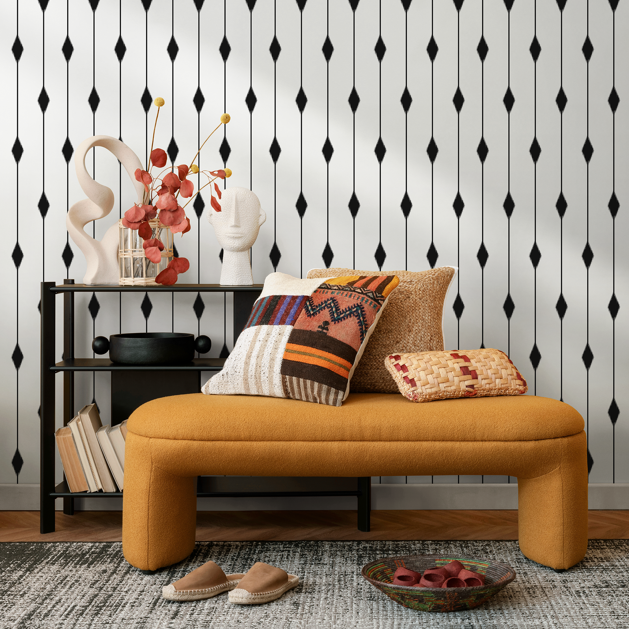 Geometric Wallpaper With Vertical Diamond Stripes In Black And White - C752