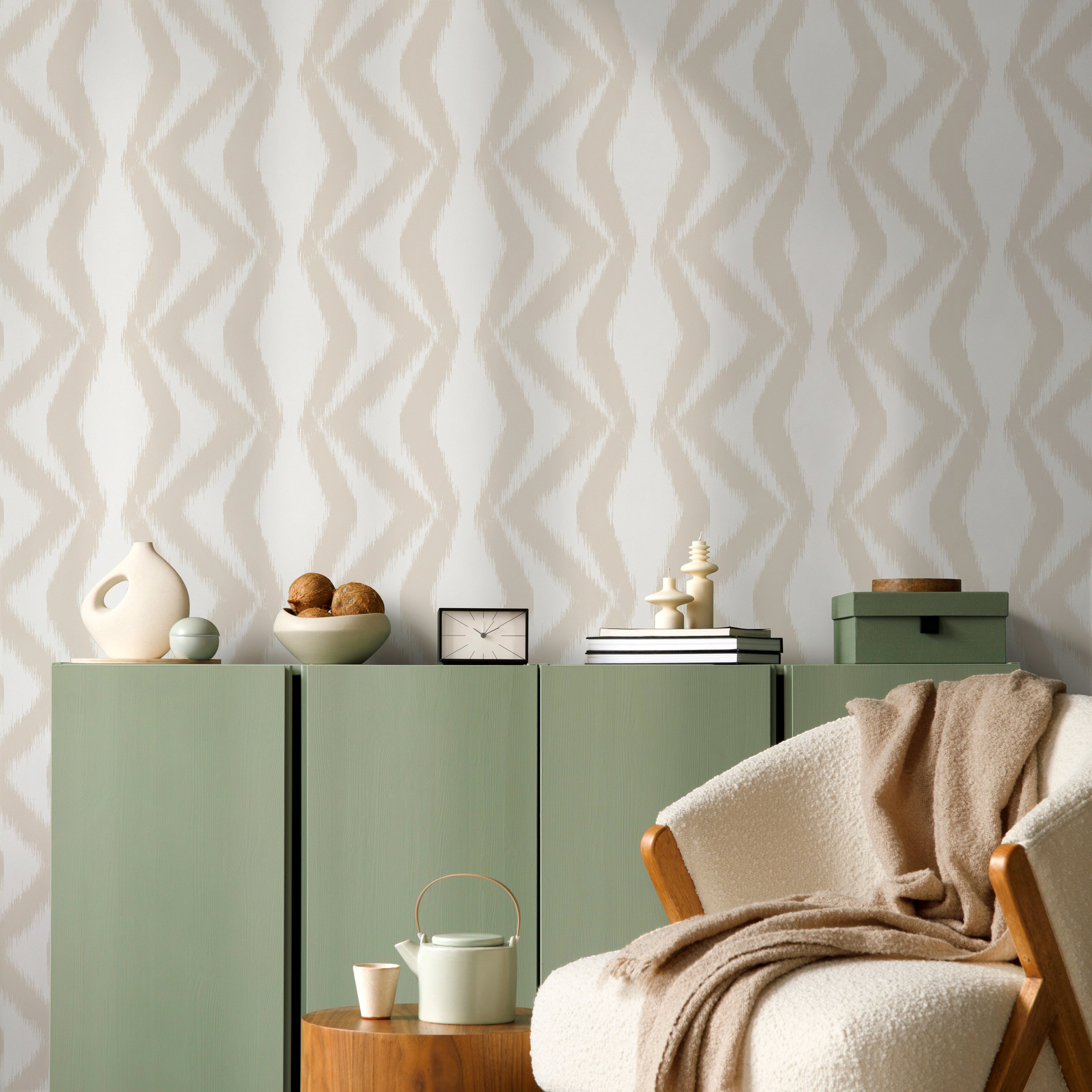 Abstract Wallpaper With A Boho Ikat Motif In Beige And White - C754