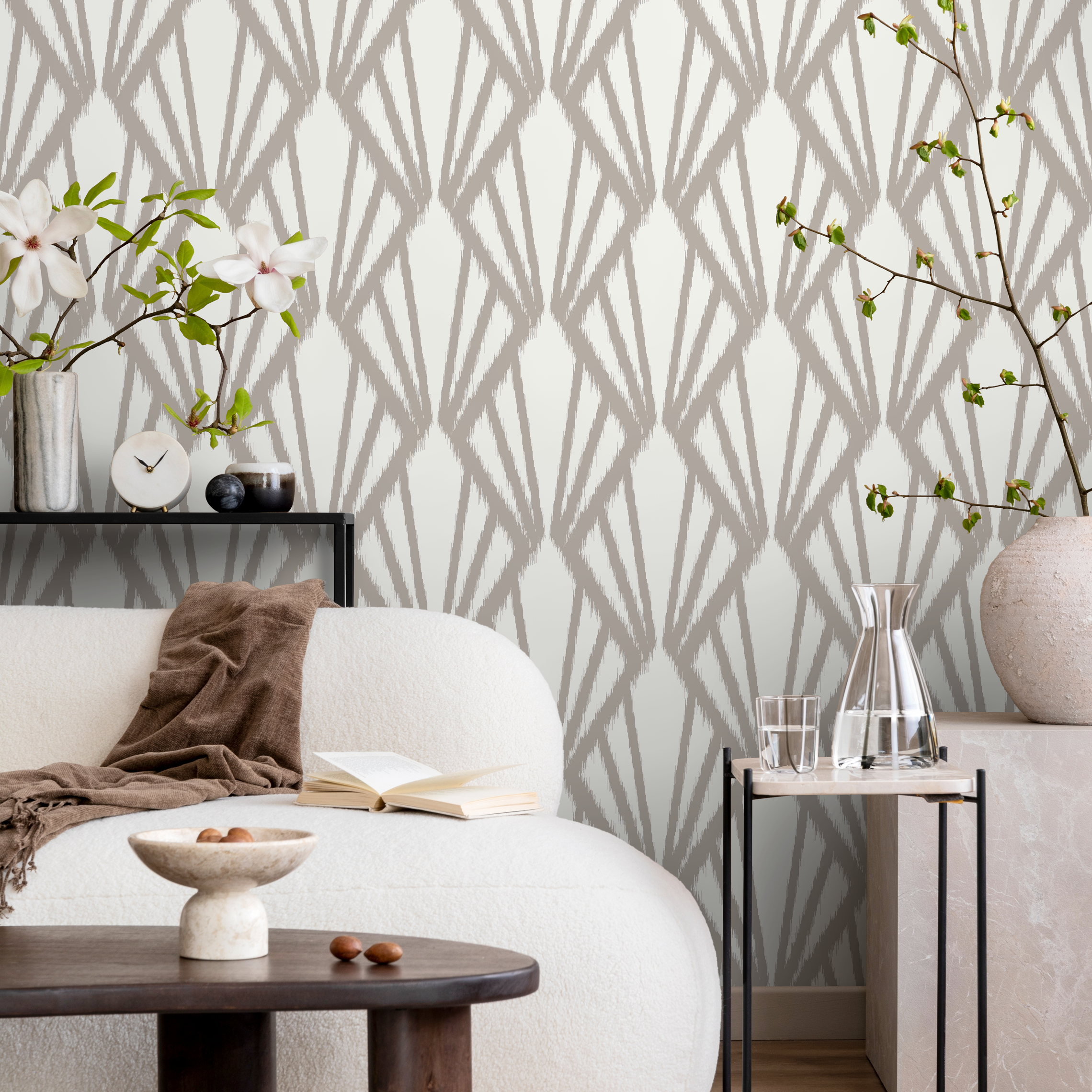 Art Deco Wallpaper With A Geometric Ikat Pattern In Beige - C756