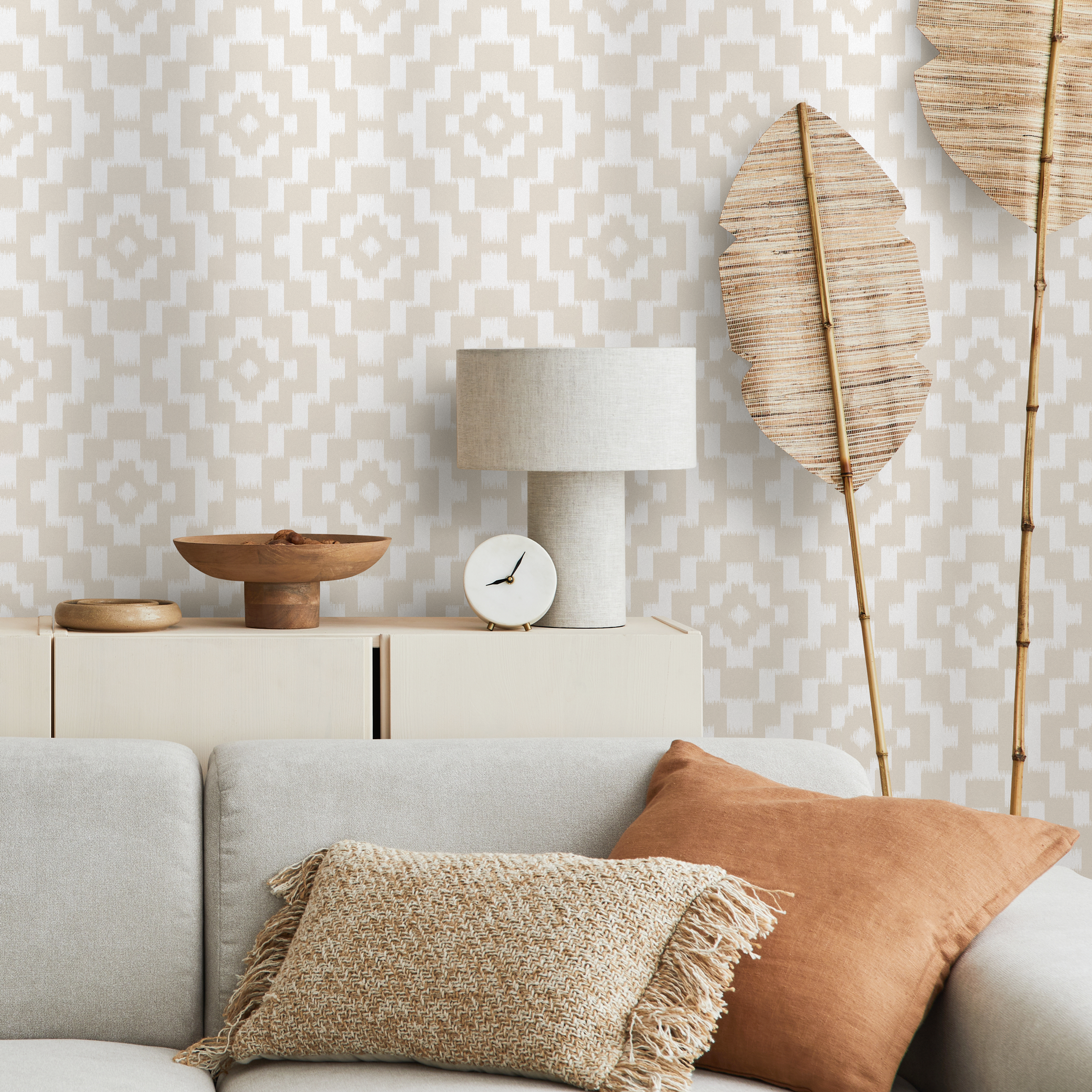 Geometric Wallpaper With A Neutral Ikat Motif In Beige And Cream - C757