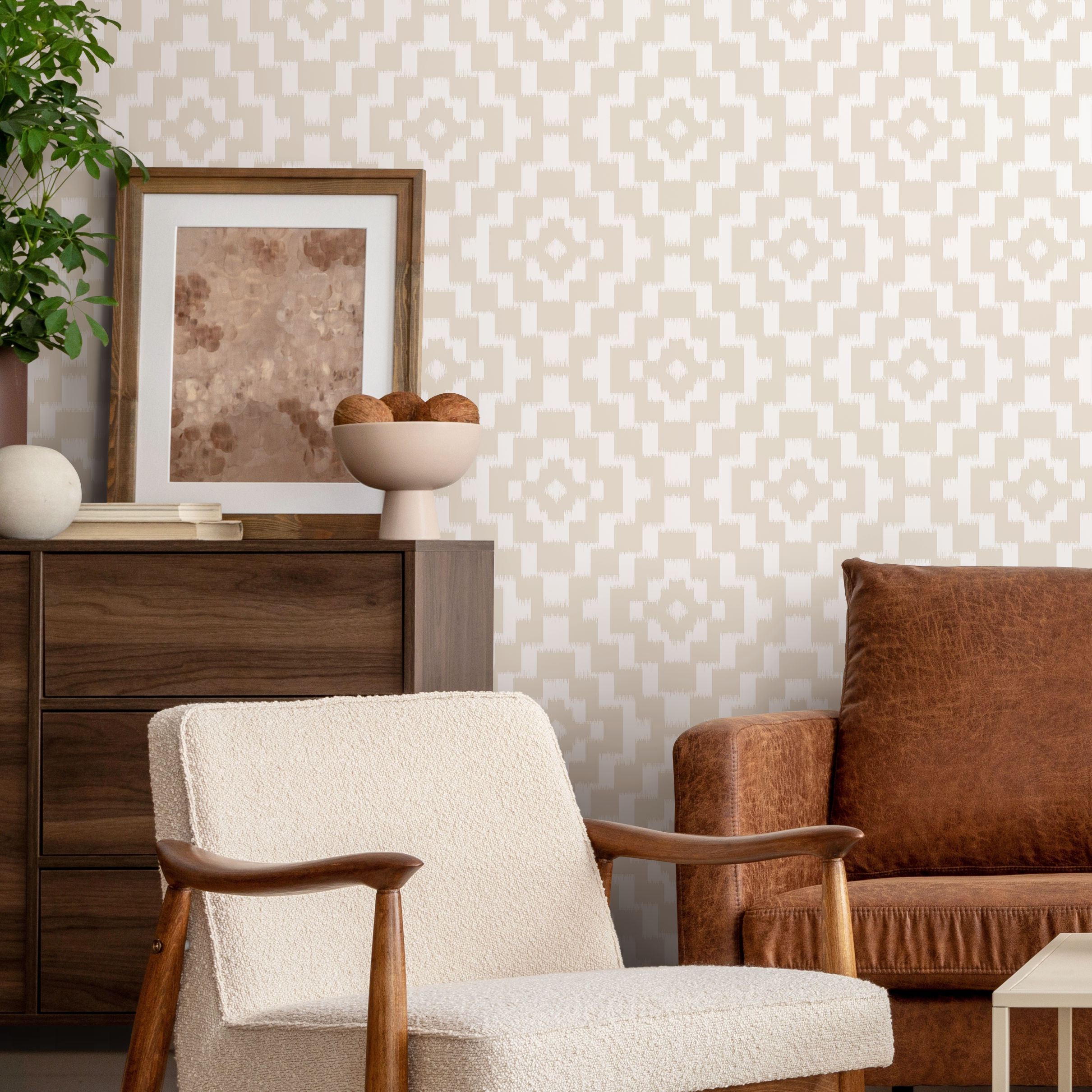Geometric Wallpaper With A Neutral Ikat Motif In Beige And Cream - C757