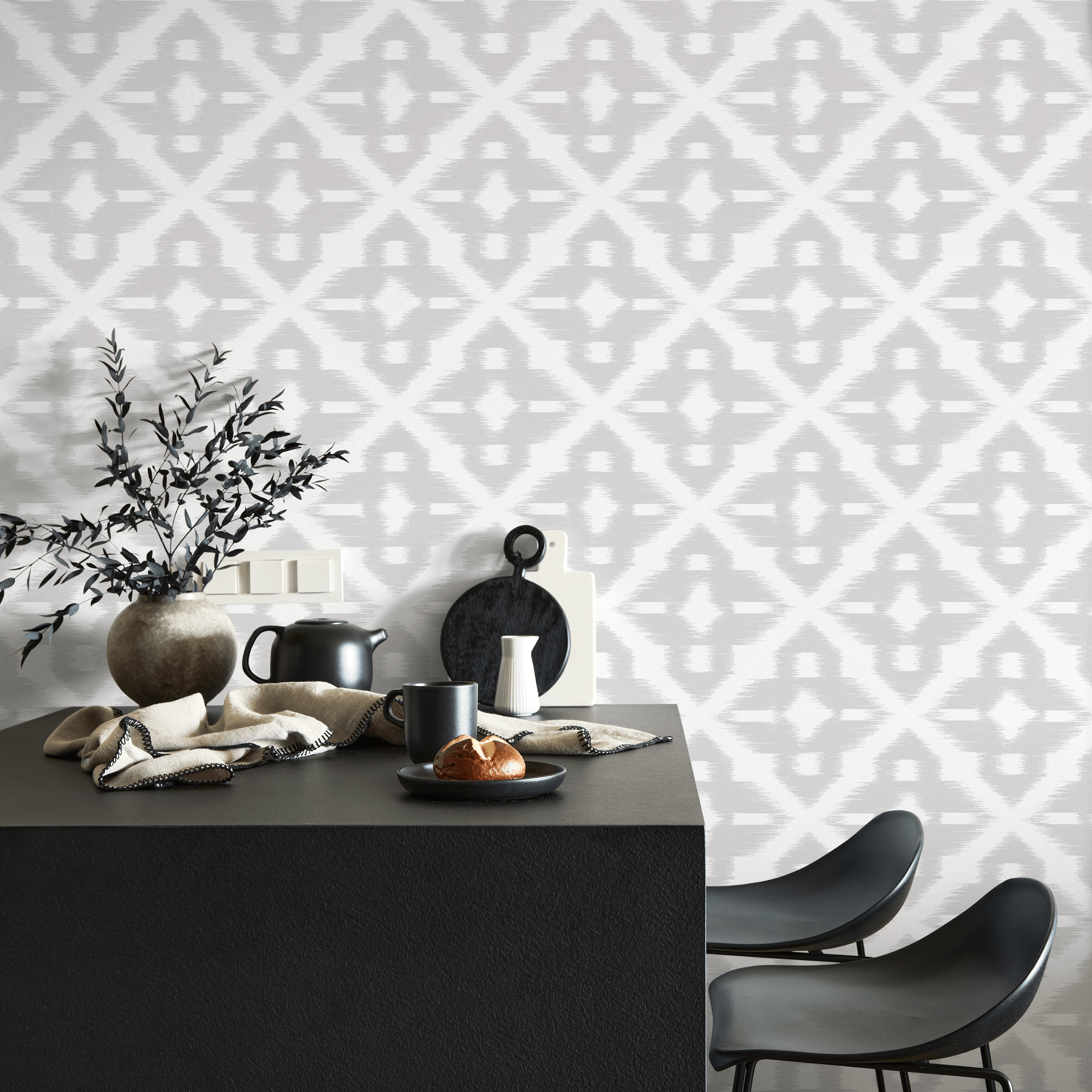 Geometric Wallpaper With An Ikat Trellis Motif In Light Gray - C758