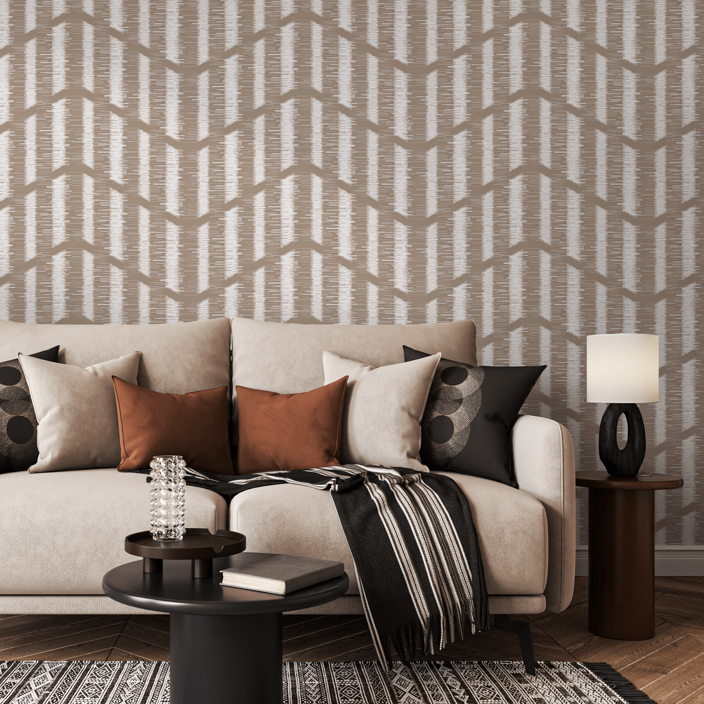 Abstract Wallpaper With A Textured Zigzag Motif In Beige And Off-white - C759