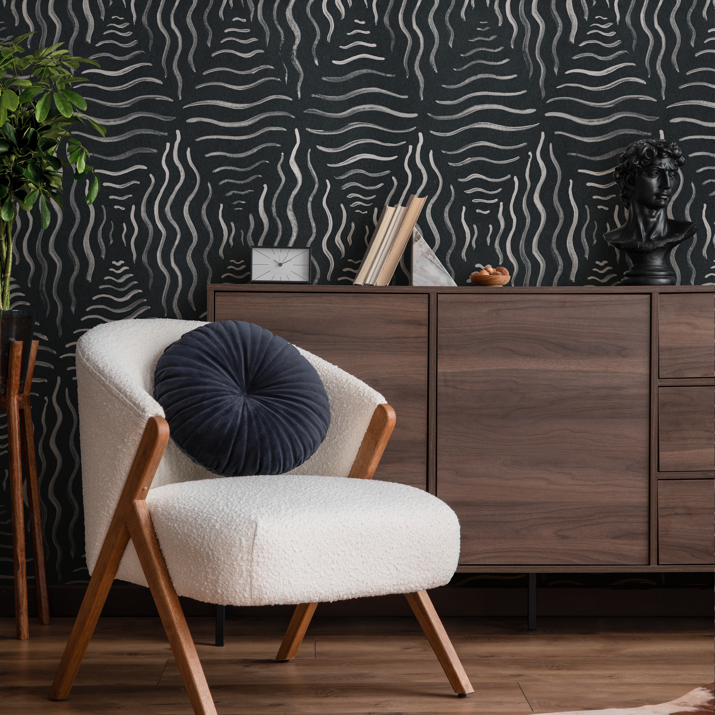 Abstract Wallpaper With Wavy Brush Strokes In Black And Gray - C761