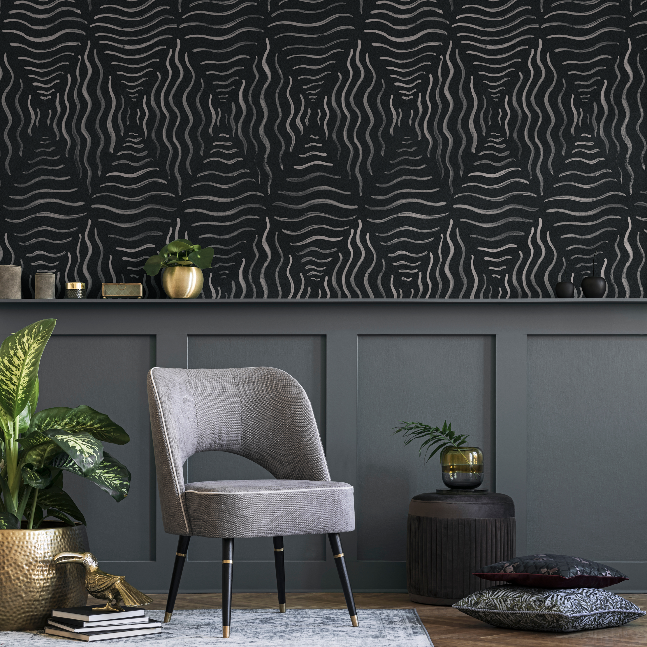 Abstract Wallpaper With Wavy Brush Strokes In Black And Gray - C761
