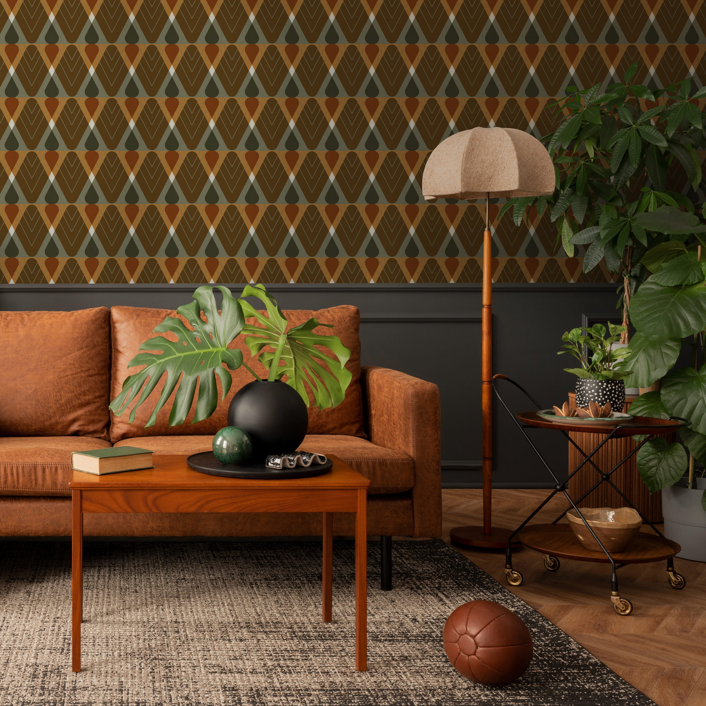Geometric Wallpaper With A Retro Diamond Pattern In Brown, Green, And Orange - C763