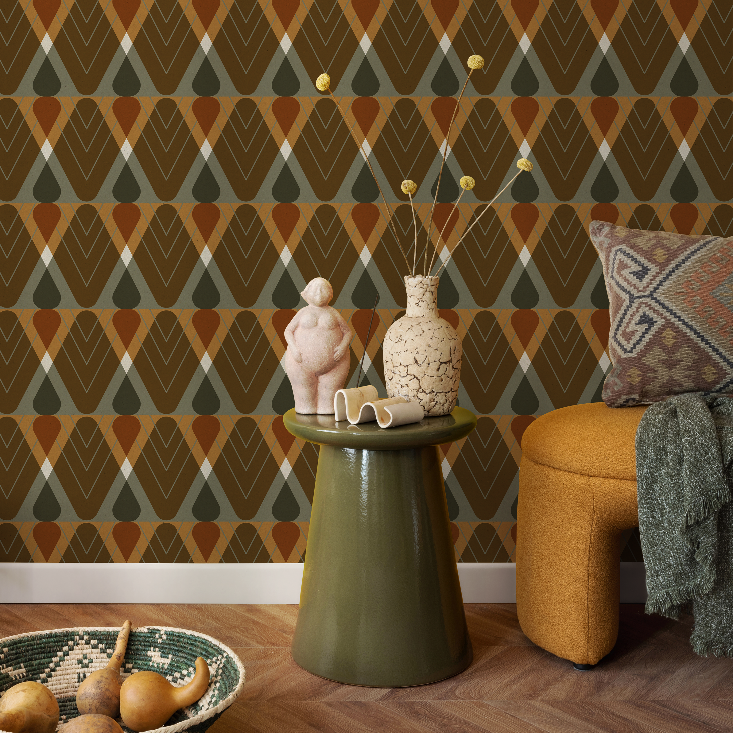 Geometric Wallpaper With A Retro Diamond Pattern In Brown, Green, And Orange - C763