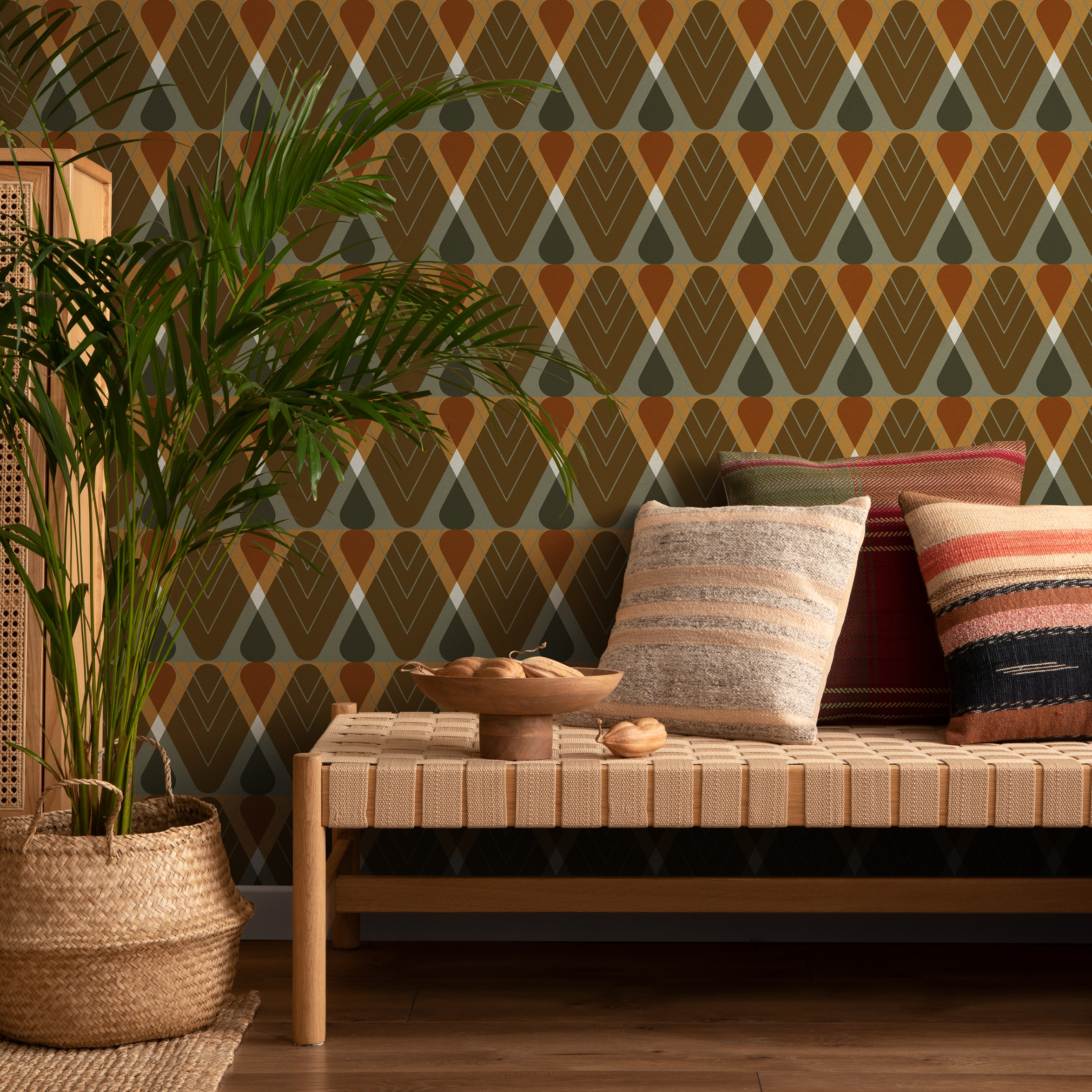Geometric Wallpaper With A Retro Diamond Pattern In Brown, Green, And Orange - C763
