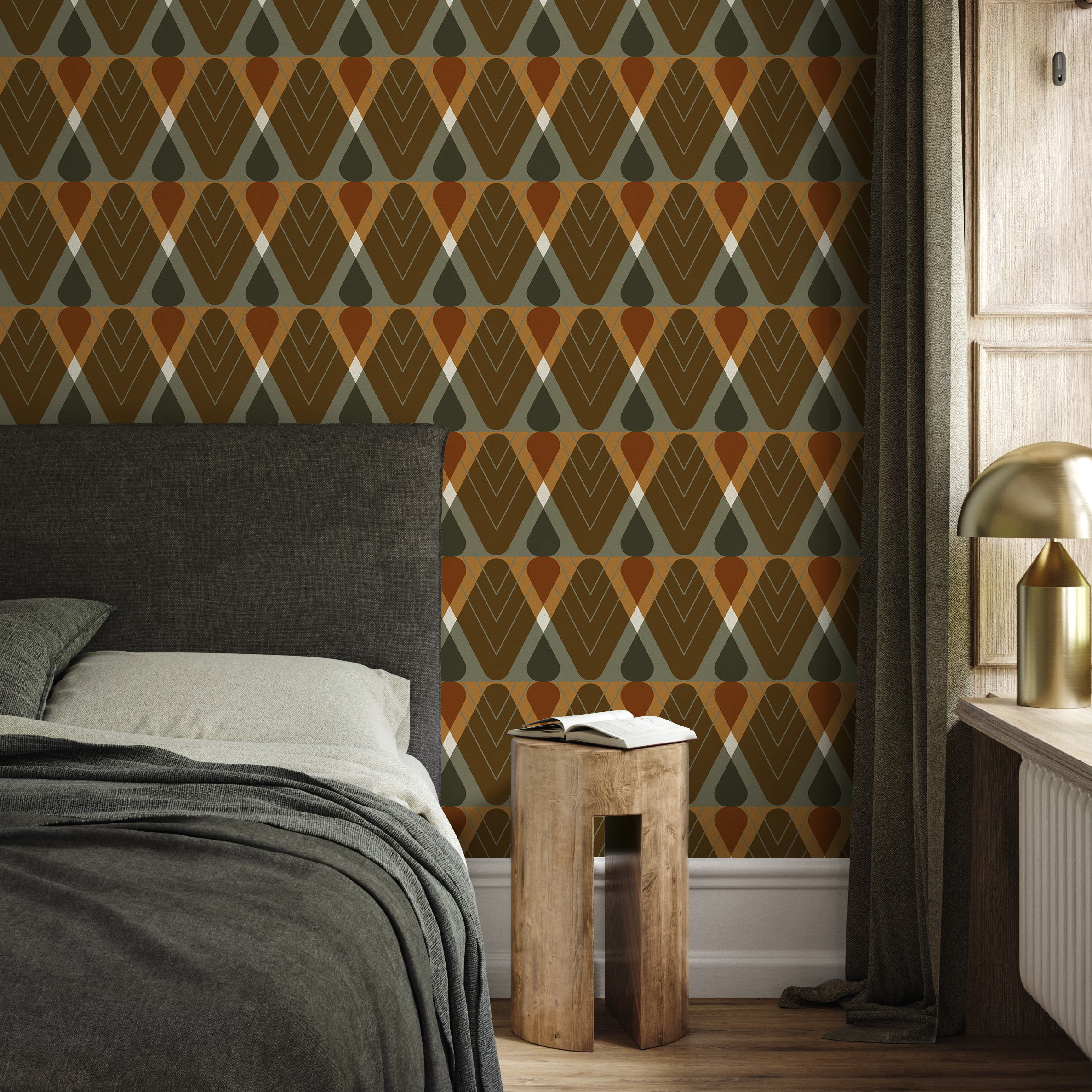 Geometric Wallpaper With A Retro Diamond Pattern In Brown, Green, And Orange - C763