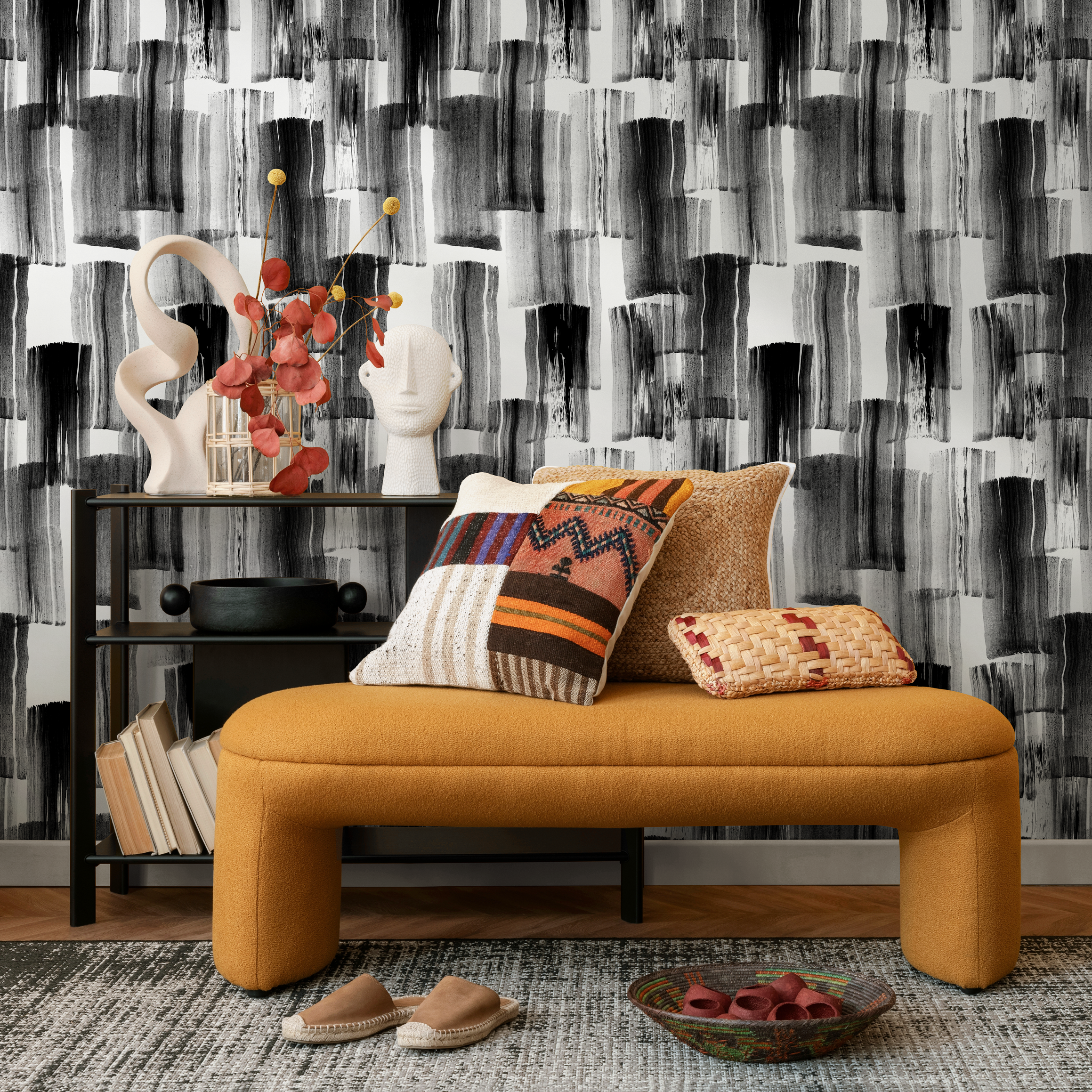 Abstract Wallpaper With Painterly Brush Strokes In Black And Gray - C769