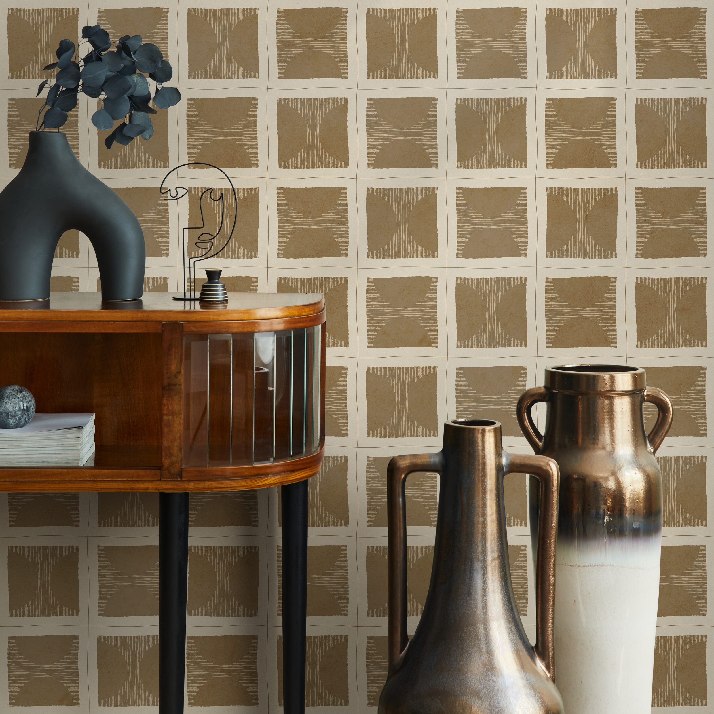 Geometric Wallpaper With Hand-drawn Square Tiles In Beige And Brown - C770