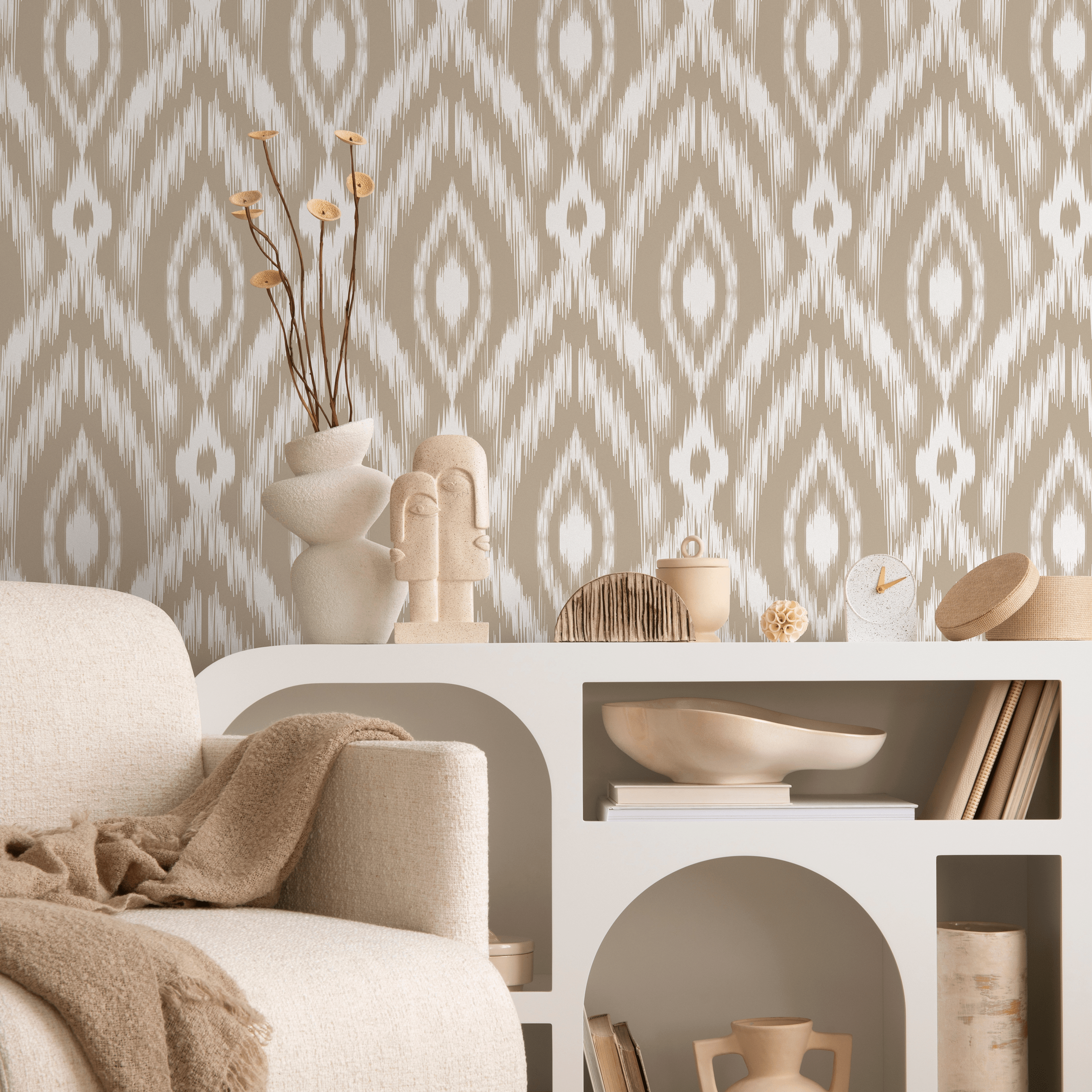 Ethnic Wallpaper With A Bohemian Ikat Motif In Beige And White - C771