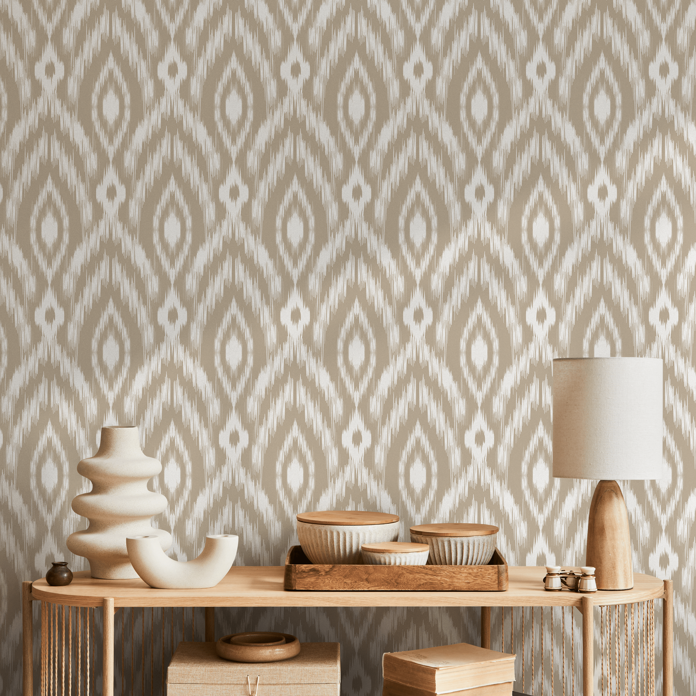 Ethnic Wallpaper With A Bohemian Ikat Motif In Beige And White - C771