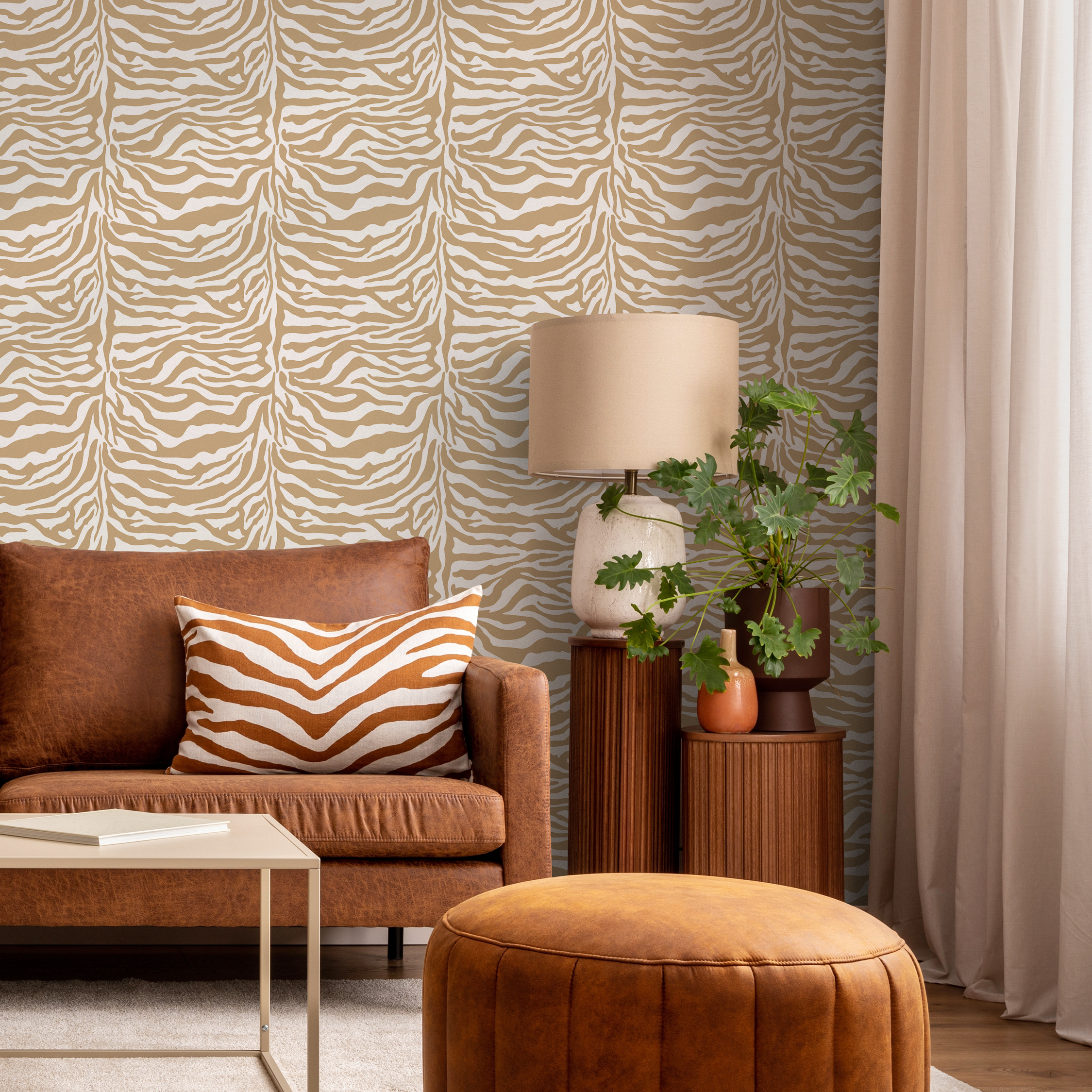 Abstract Wallpaper With Bold Zebra Stripes In Beige And White - C772