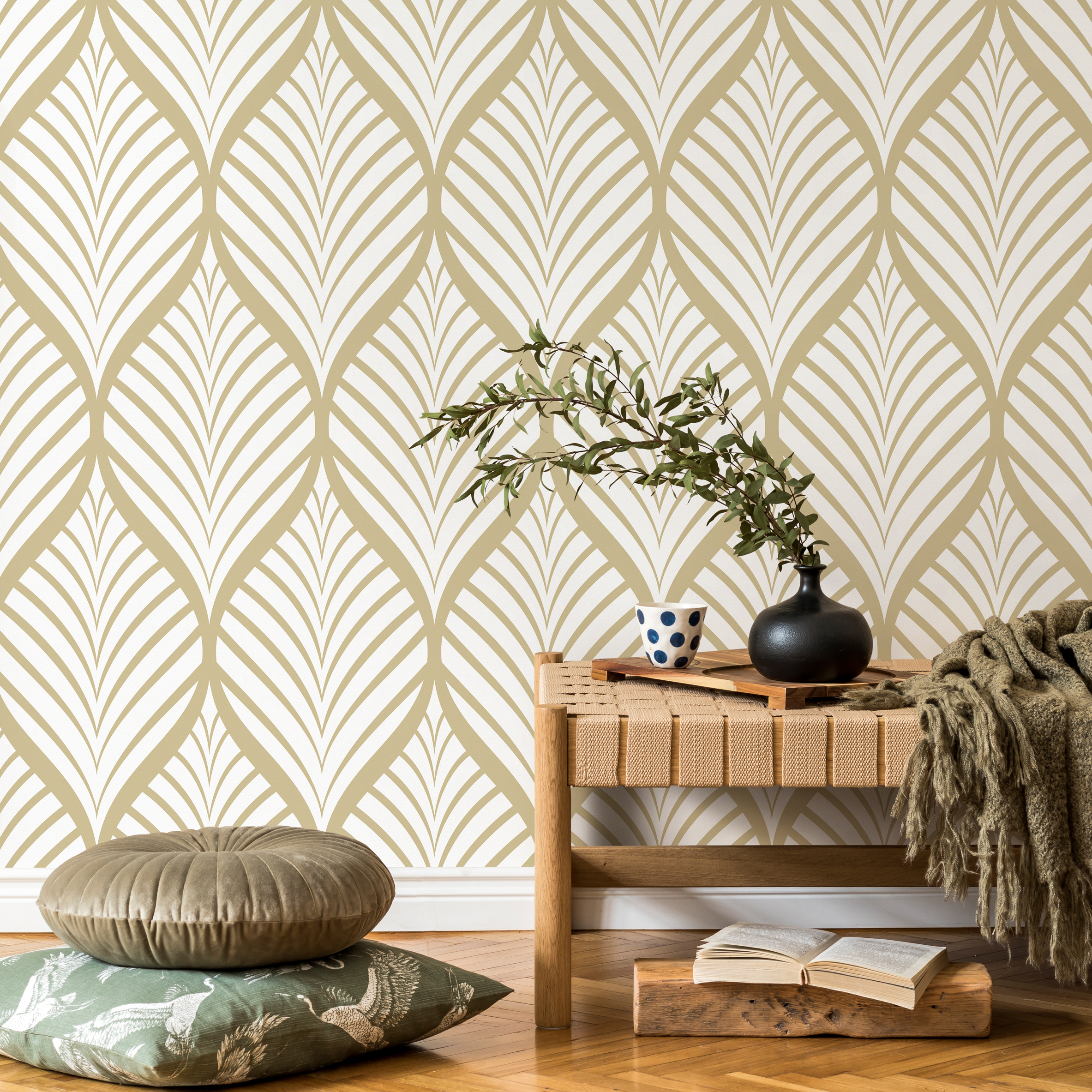 Art Deco Wallpaper With A Stylized Leaf Motif In Beige And Gold - C775