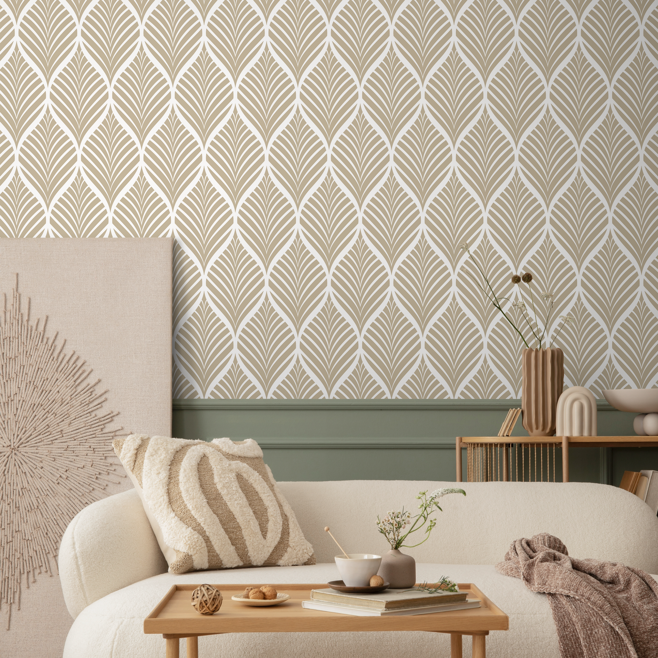 Art Deco Wallpaper With A Stylized Leaf Motif In Beige And Grey - C776