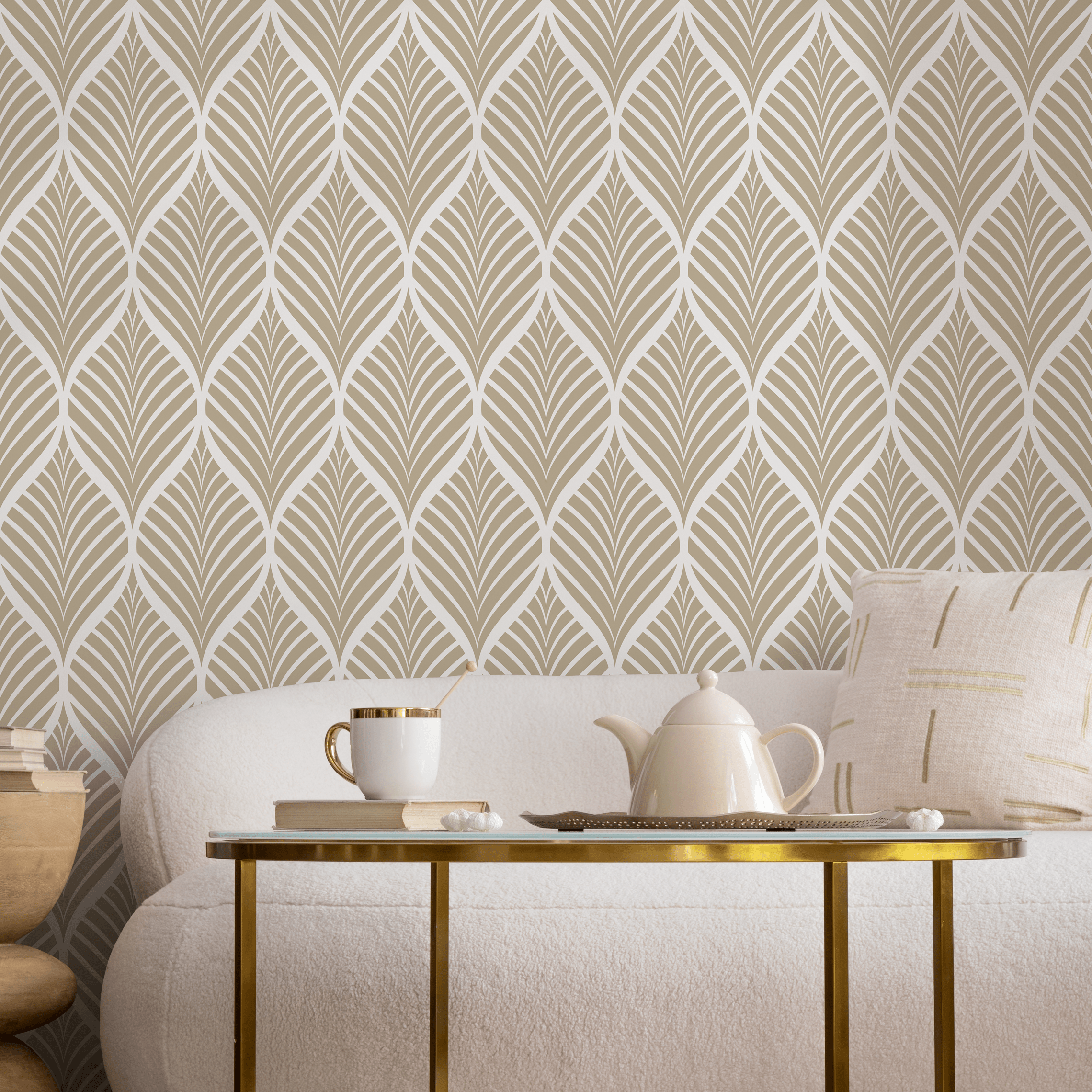 Art Deco Wallpaper With A Stylized Leaf Motif In Beige And Grey - C776