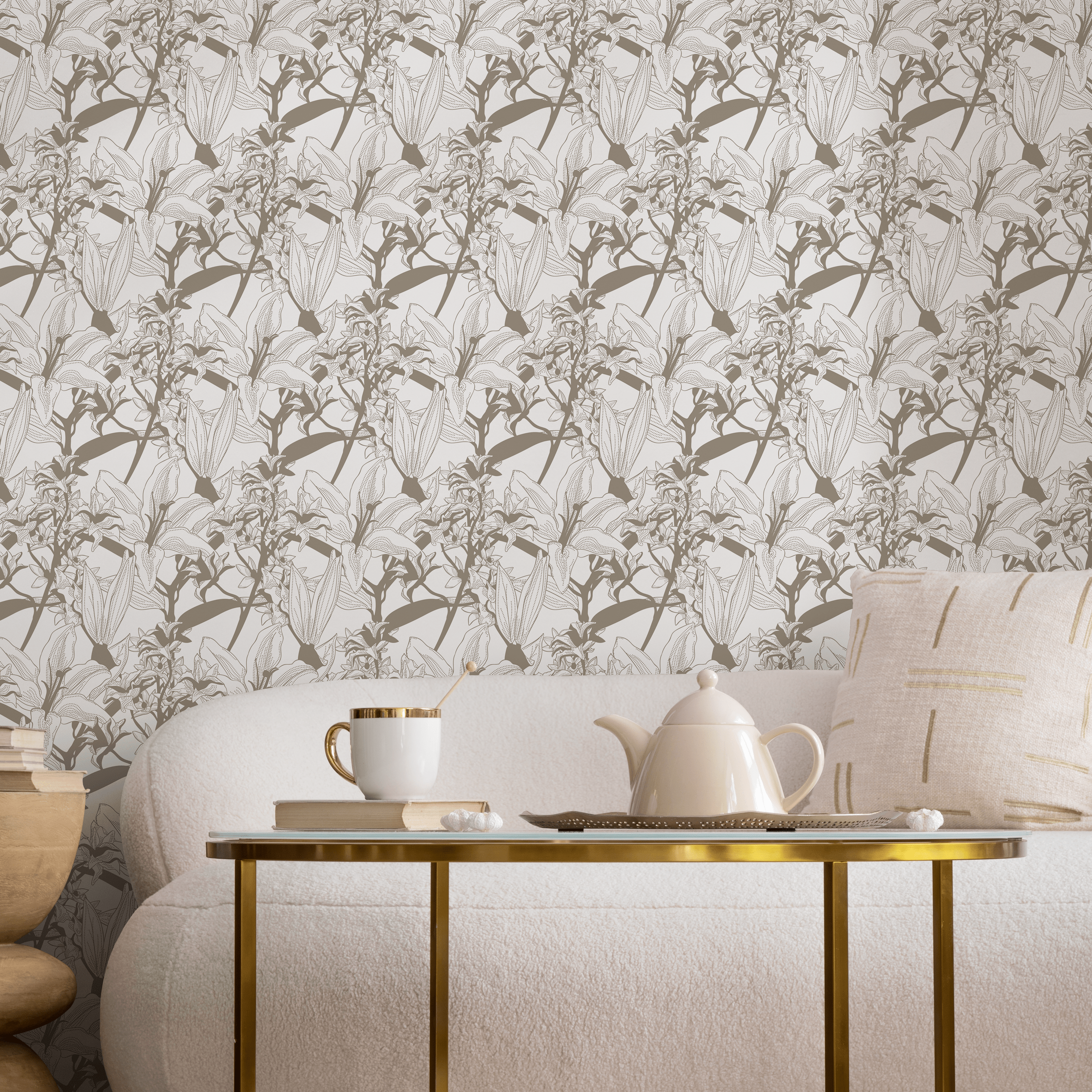 Floral Wallpaper With An Intricate Lily Sketch In Brown - C777