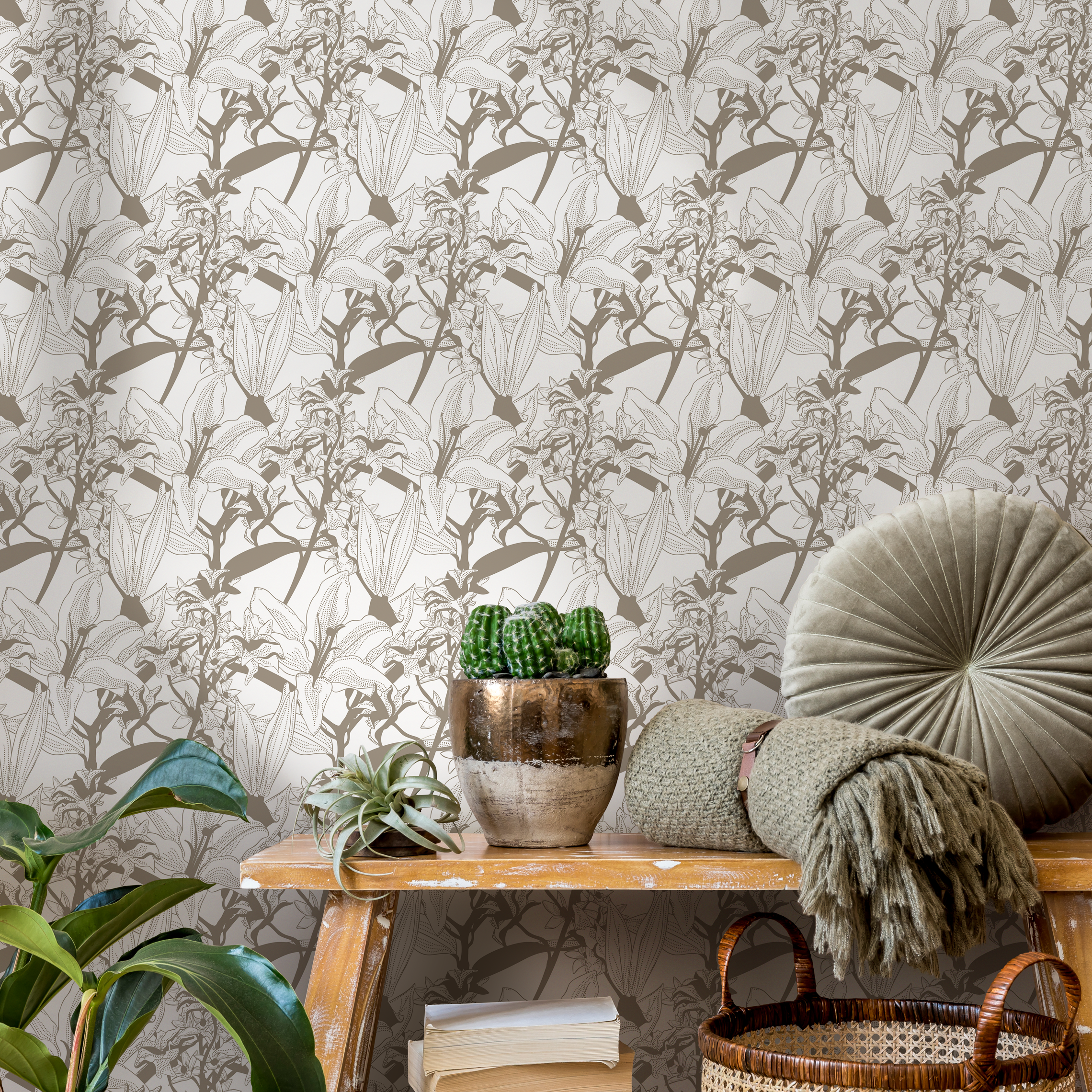 Floral Wallpaper With An Intricate Lily Sketch In Brown - C777