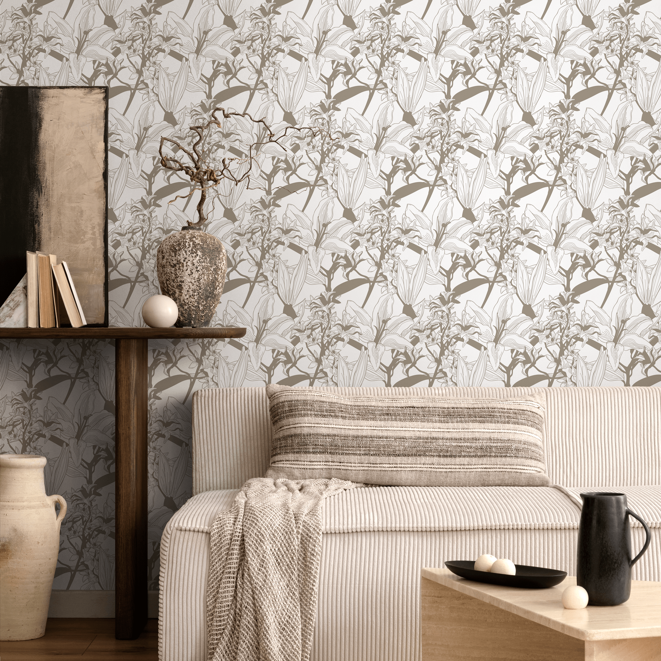 Floral Wallpaper With An Intricate Lily Sketch In Brown - C777