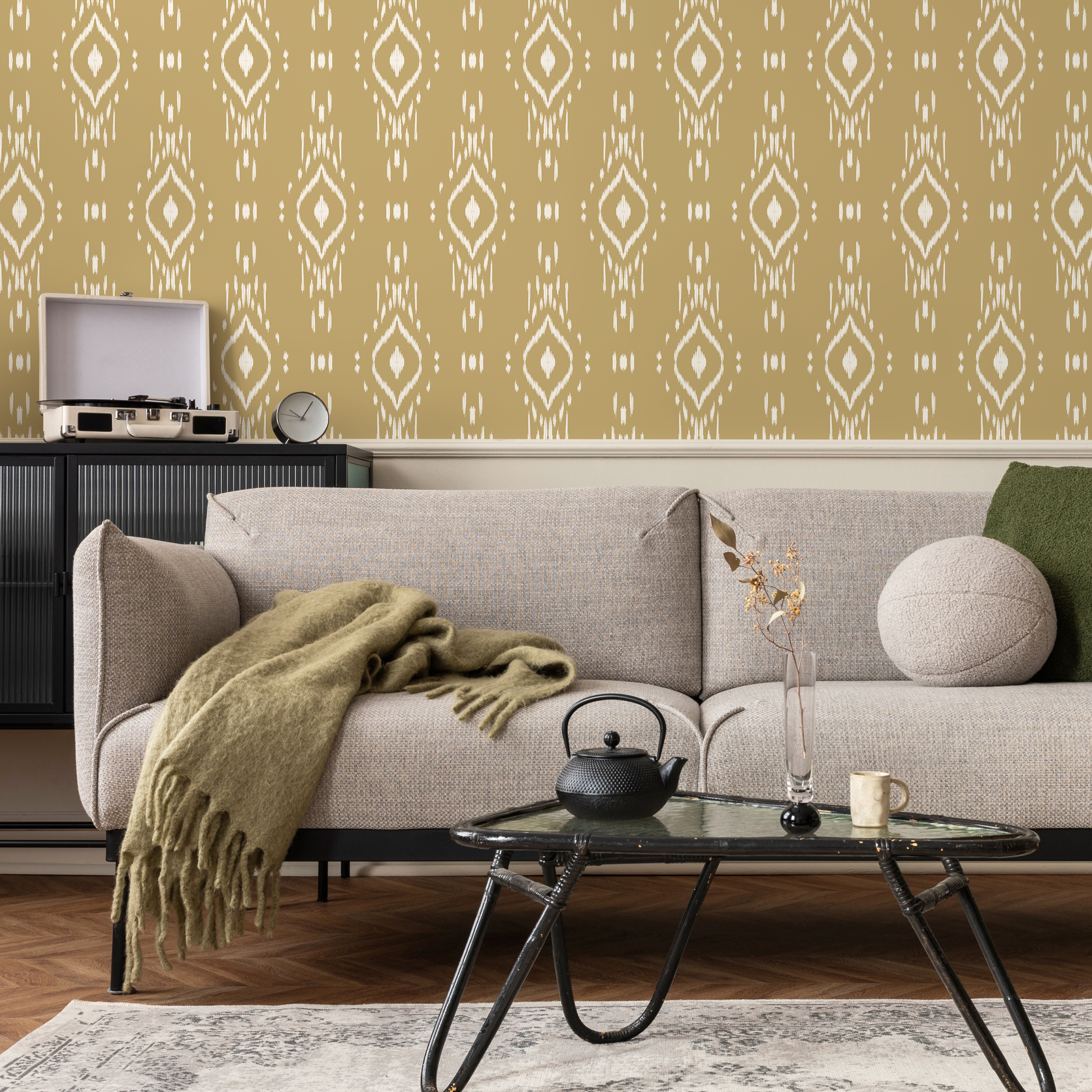 Ikat Wallpaper With A Bohemian Diamond Motif In Tan And White - C778