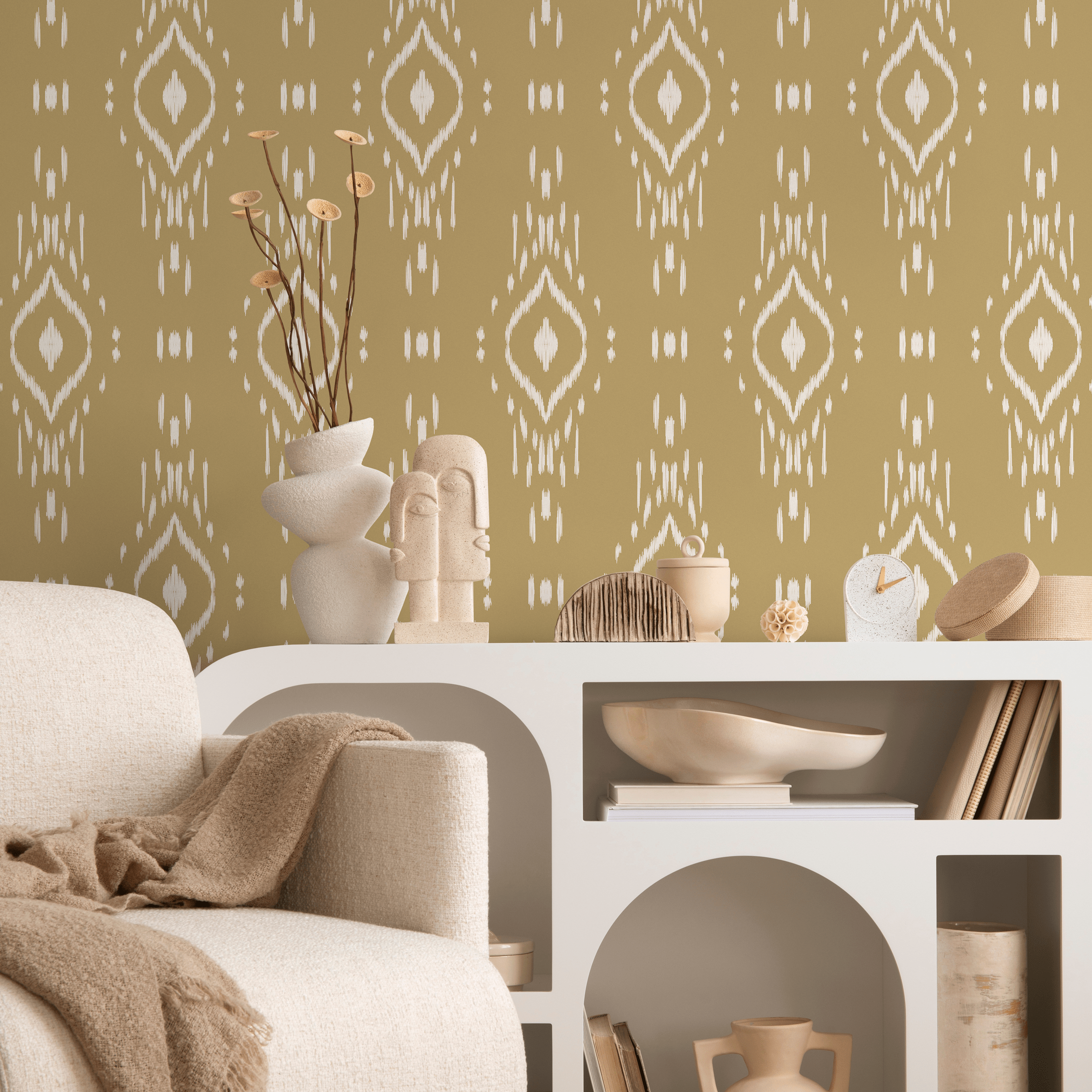 Ikat Wallpaper With A Bohemian Diamond Motif In Tan And White - C778