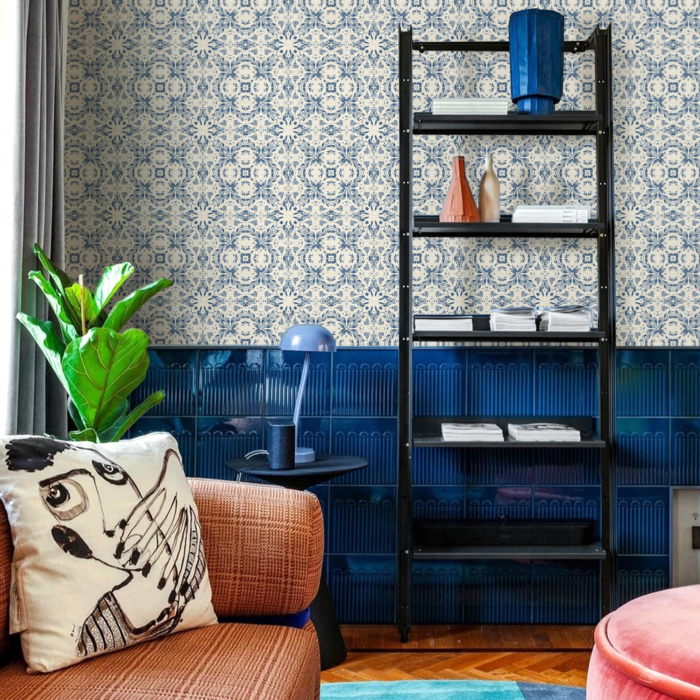 Victorian Wallpaper With A Floral Medallion Print In Blue And Beige - C781