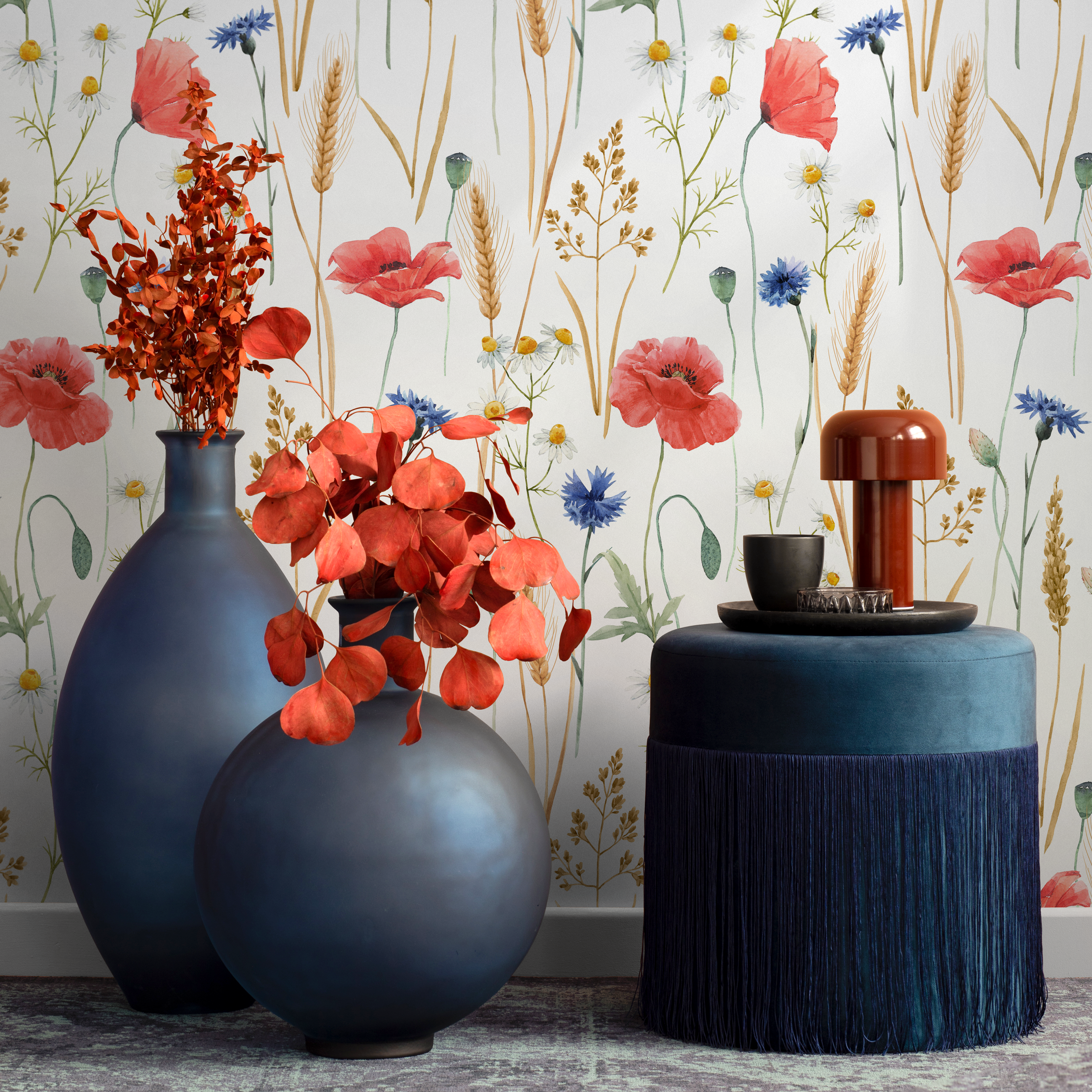 Botanical Wallpaper Featuring Poppies And Cornflowers In Red, Blue, And Gold - C784