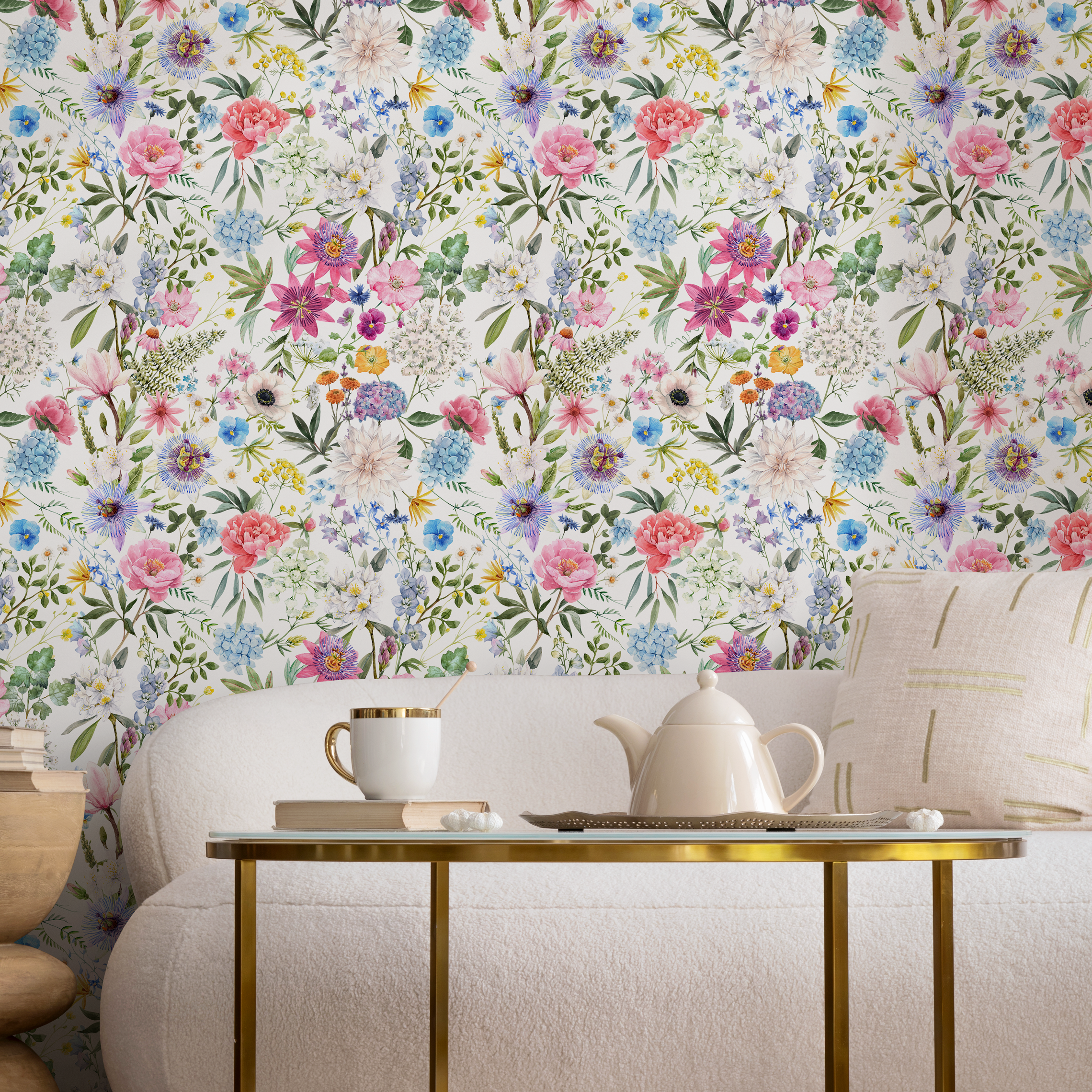 Botanical Wallpaper With A Watercolor Wildflower Meadow In Pink, Blue, And Purple - C785