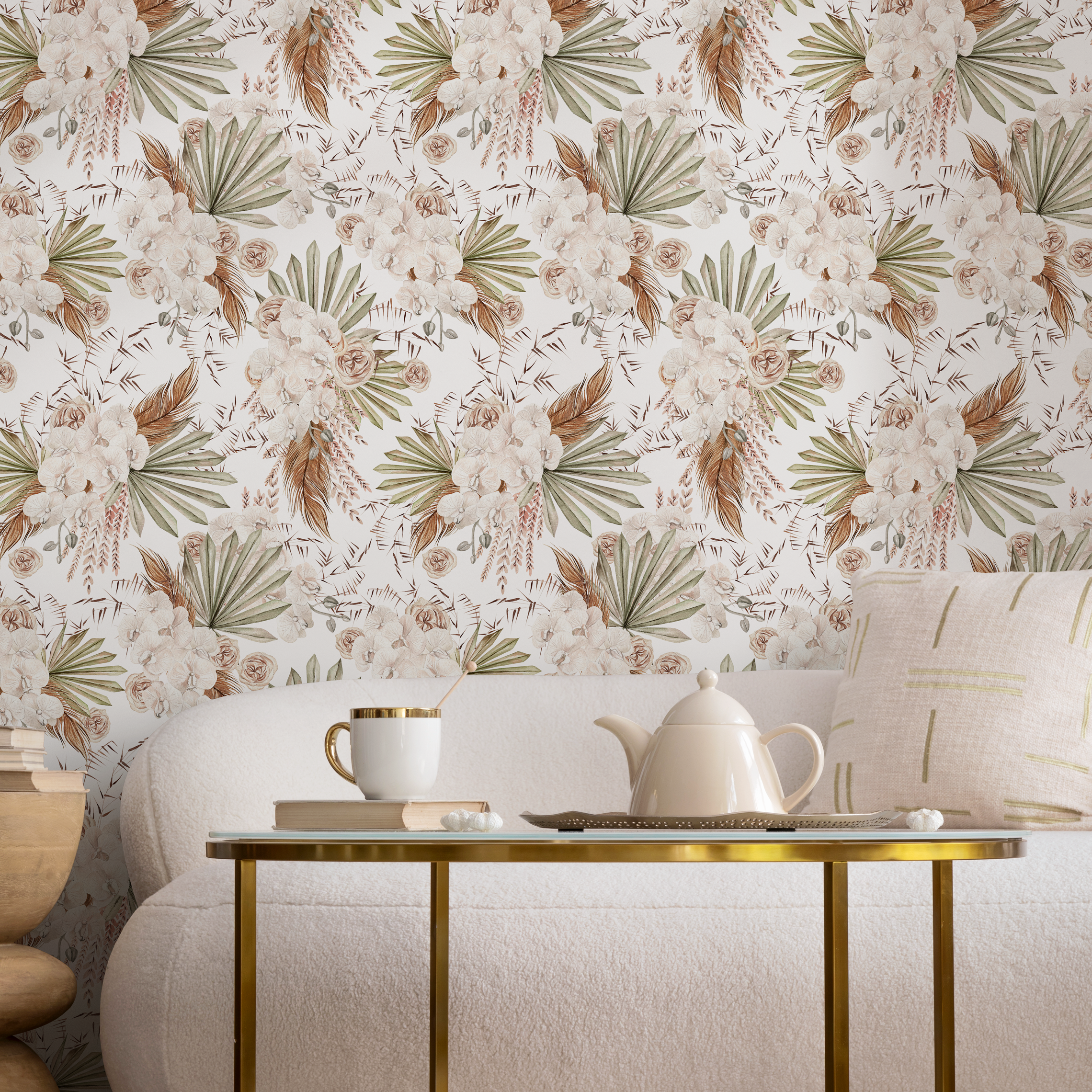 Boho Wallpaper With Dried Palms And Orchids In Beige And Green - C786