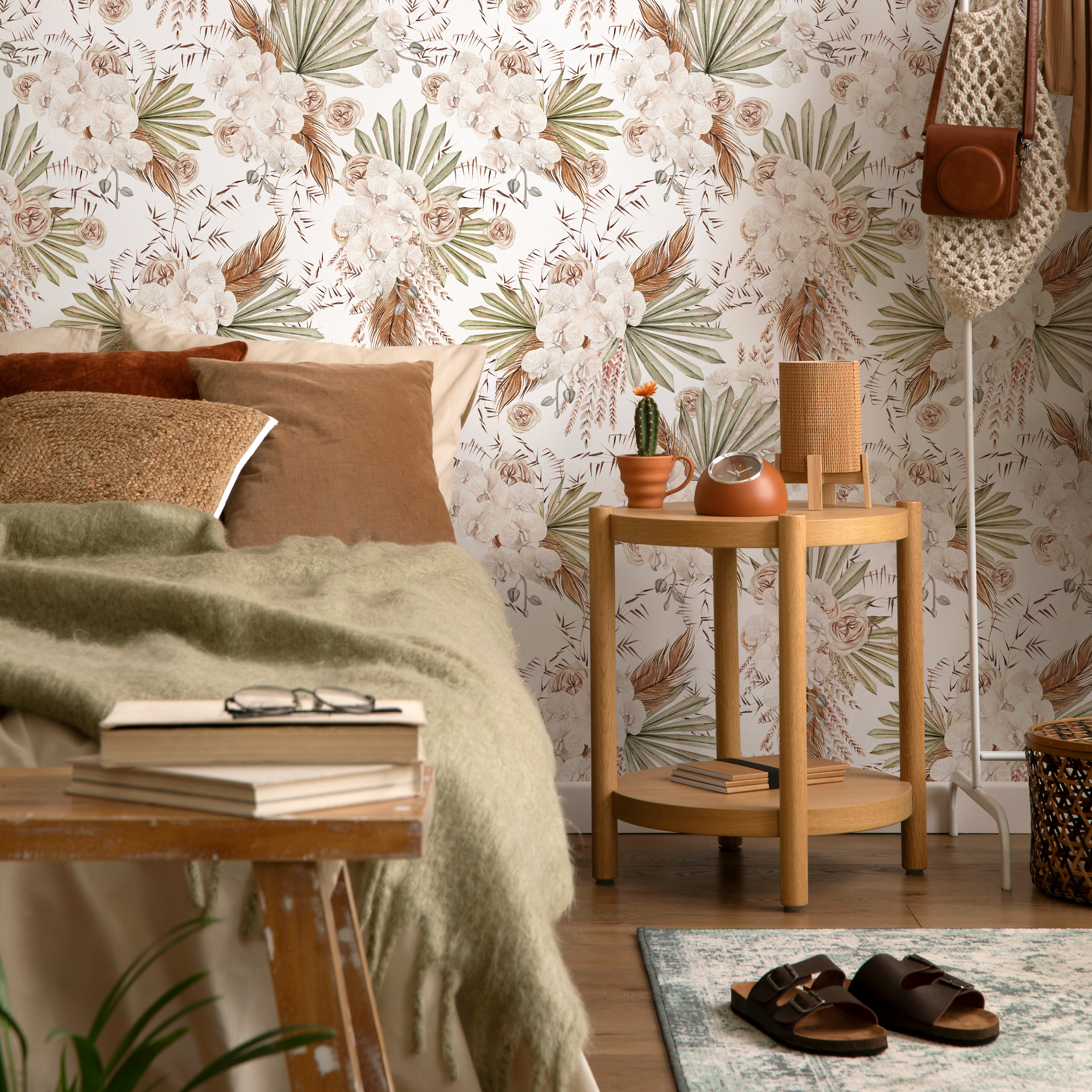 Boho Wallpaper With Dried Palms And Orchids In Beige And Green - C786