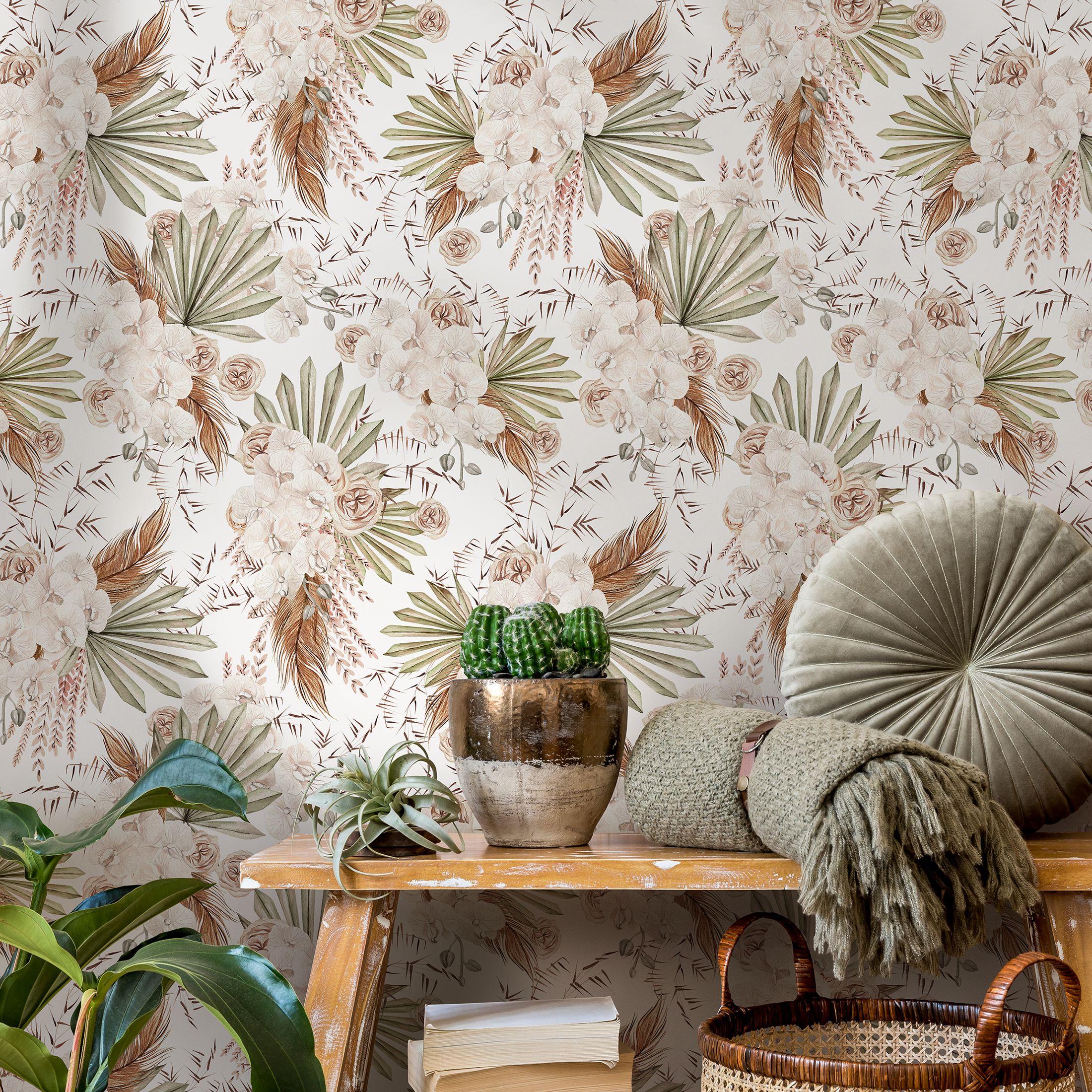 Boho Wallpaper With Dried Palms And Orchids In Beige And Green - C786