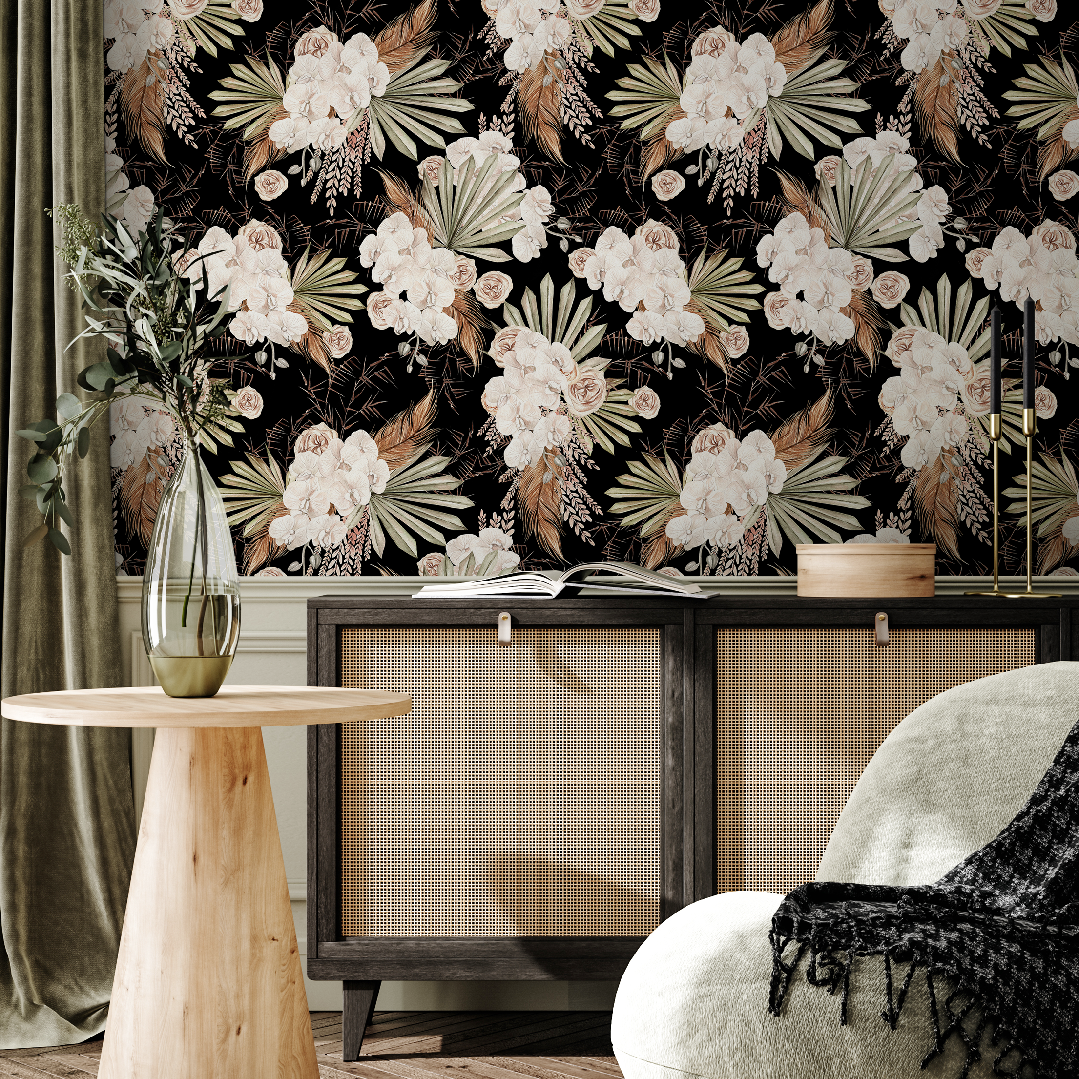 Boho Floral Wallpaper With Orchids And Palm Leaves In Black And Cream - C787