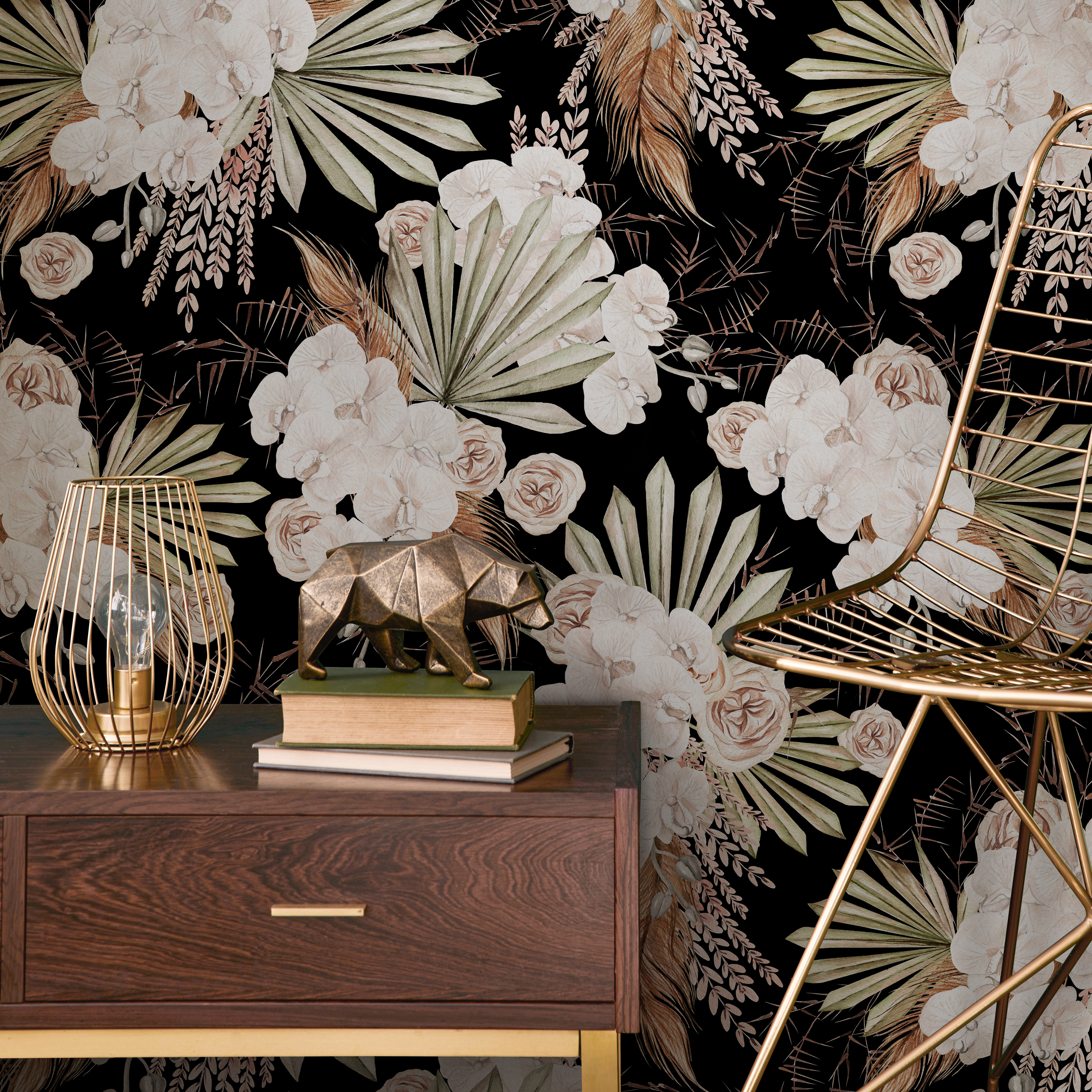 Boho Floral Wallpaper With Orchids And Palm Leaves In Black And Cream - C787