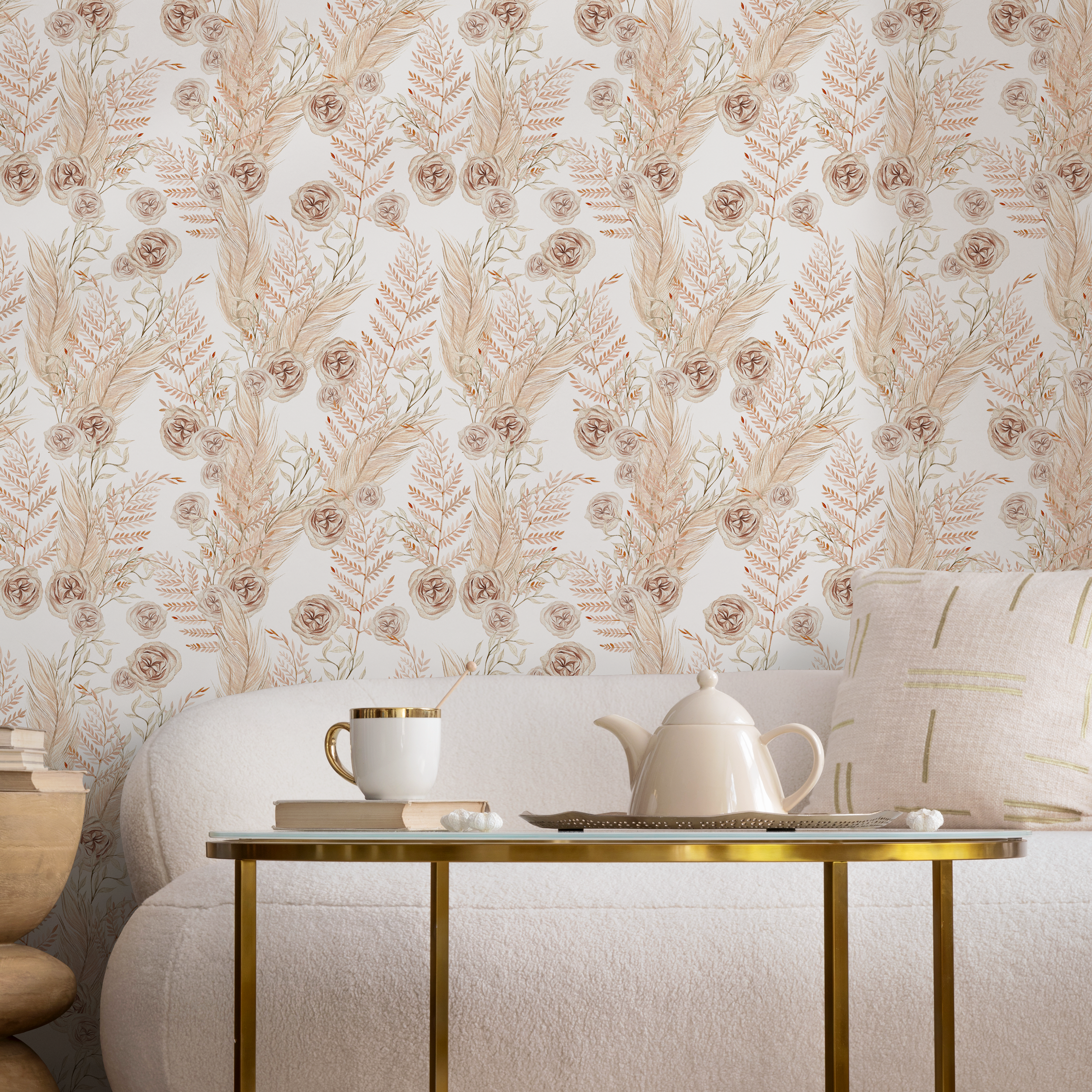 Boho Wallpaper Featuring Dried Roses And Pampas Grass In Beige And Brown - C788