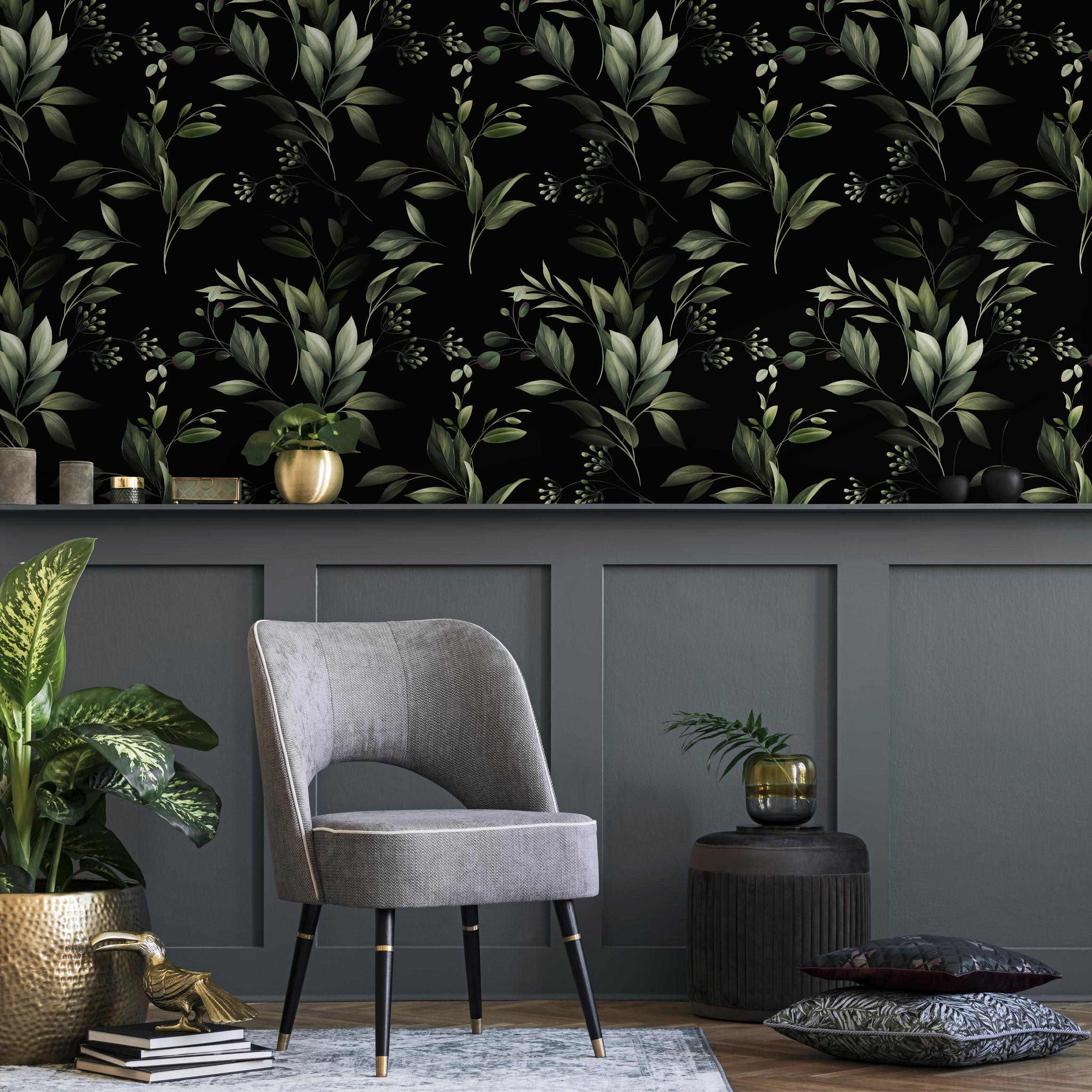 Botanical Wallpaper With Lush Leafy Branches In Green And Black - C790