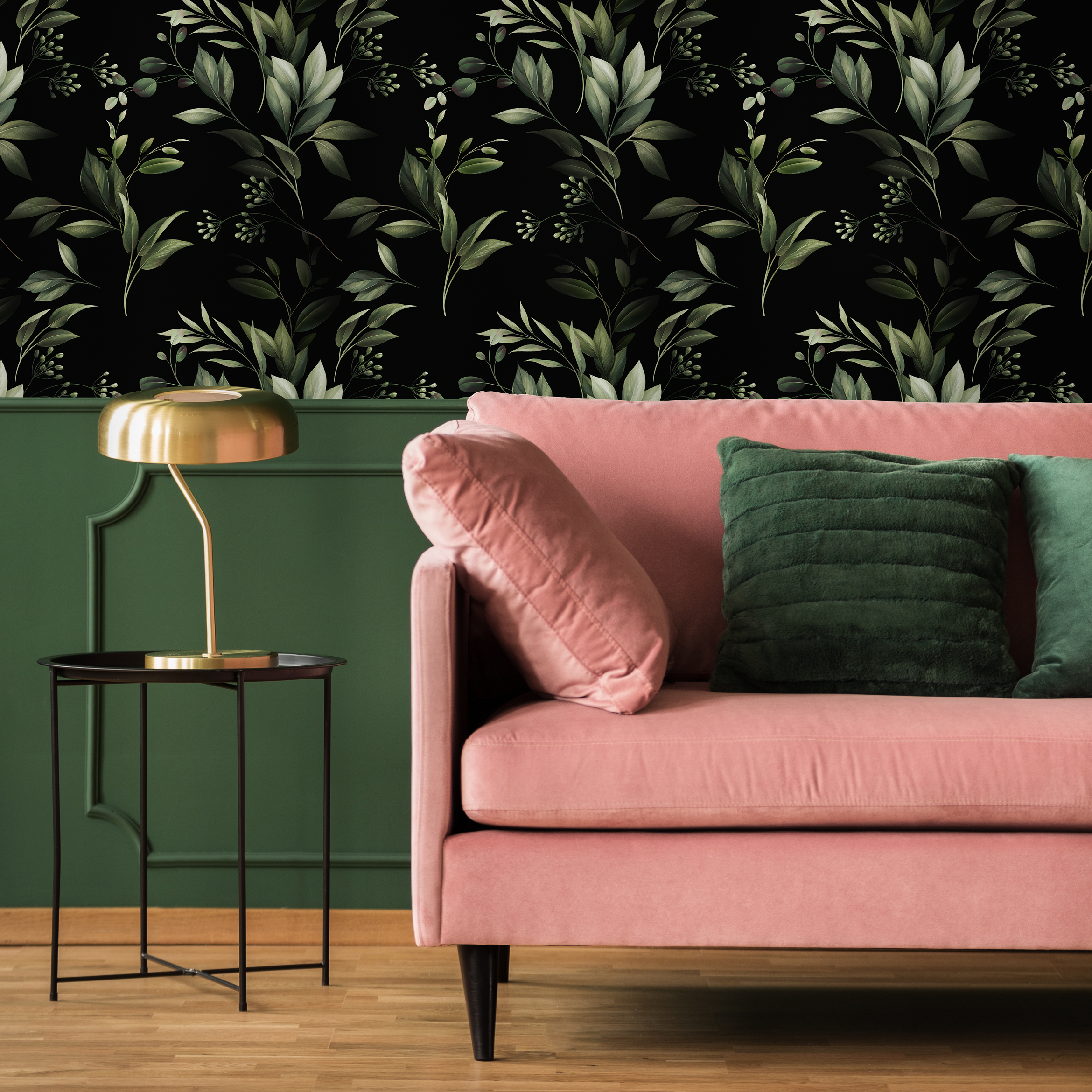 Botanical Wallpaper With Lush Leafy Branches In Green And Black - C790