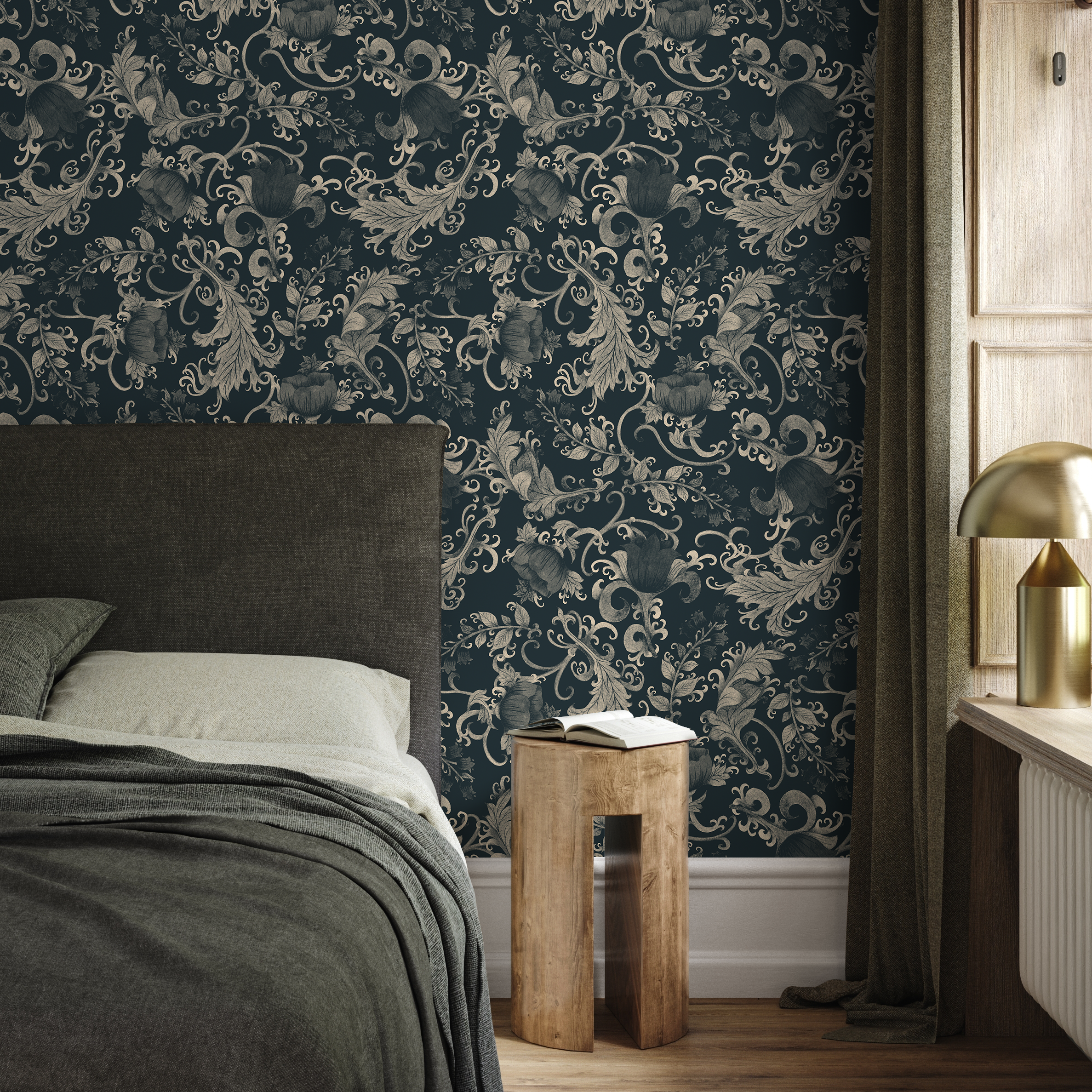 Art Nouveau Wallpaper With Floral Scrolls In Dark Blue And Beige - C791
