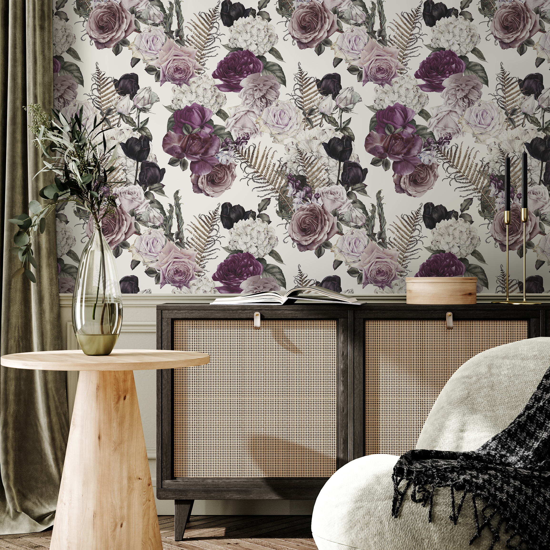 Floral Wallpaper With Vintage Roses And Ferns In Purple, Black, And White - C792
