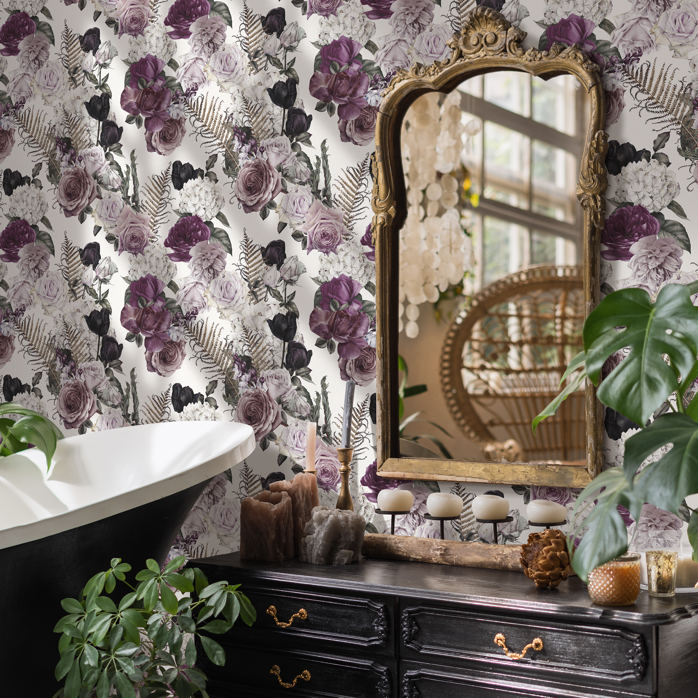 Floral Wallpaper With Vintage Roses And Ferns In Purple, Black, And White - C792