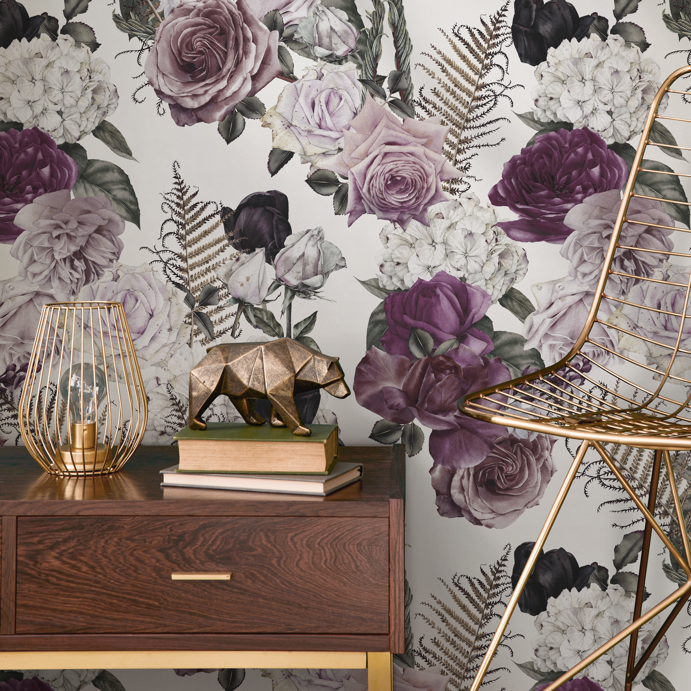 Floral Wallpaper With Vintage Roses And Ferns In Purple, Black, And White - C792