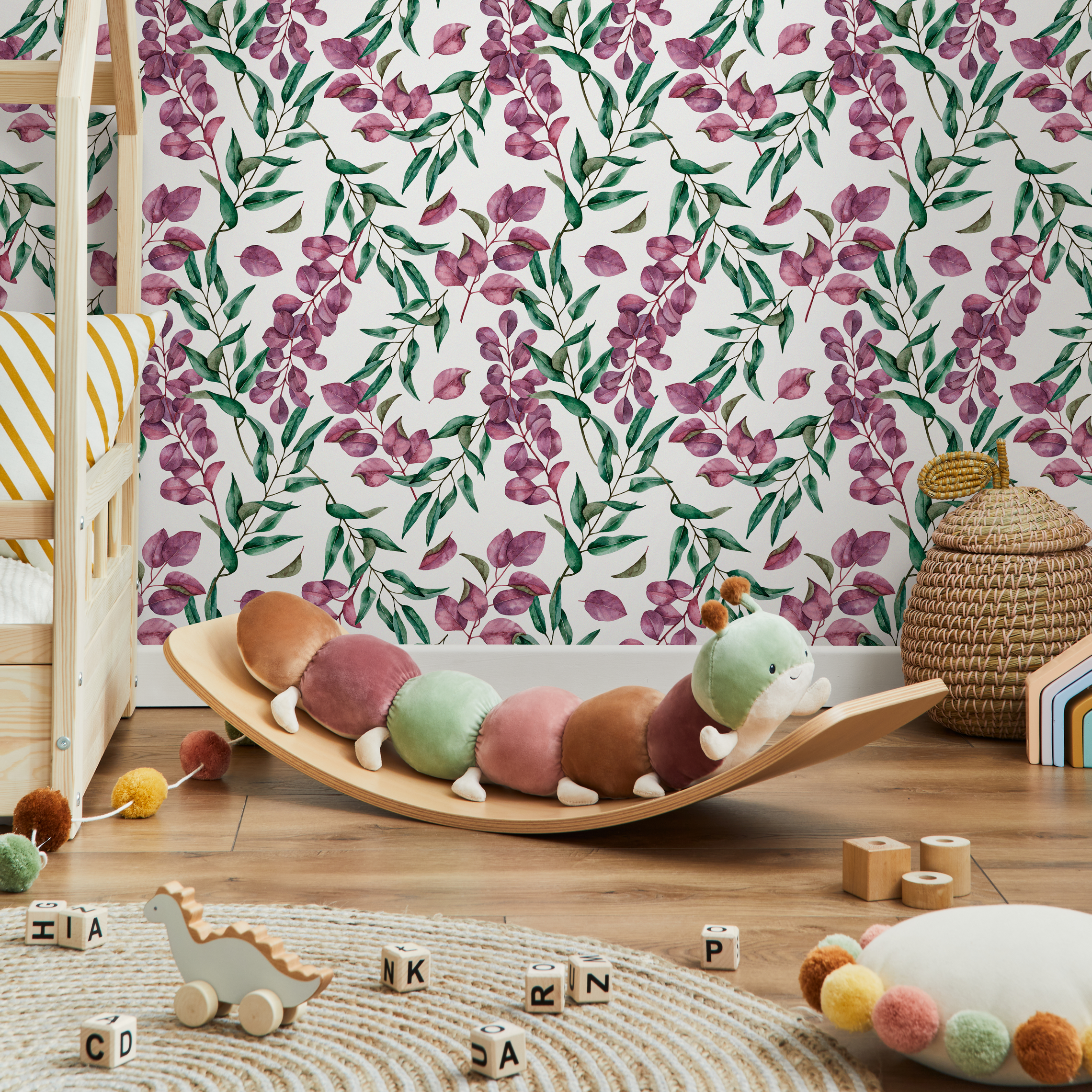 Botanical Wallpaper Featuring Watercolor Eucalyptus In Purple And Green - C794