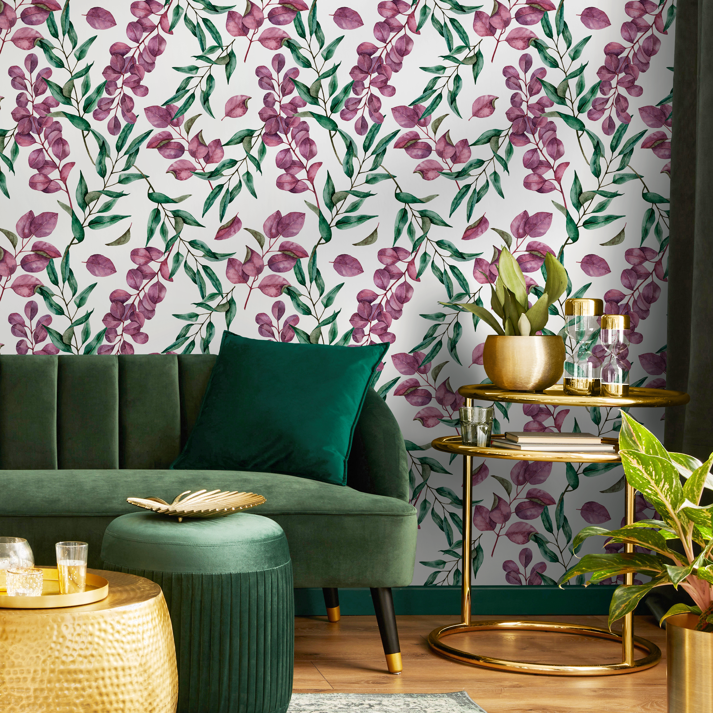 Botanical Wallpaper Featuring Watercolor Eucalyptus In Purple And Green - C794